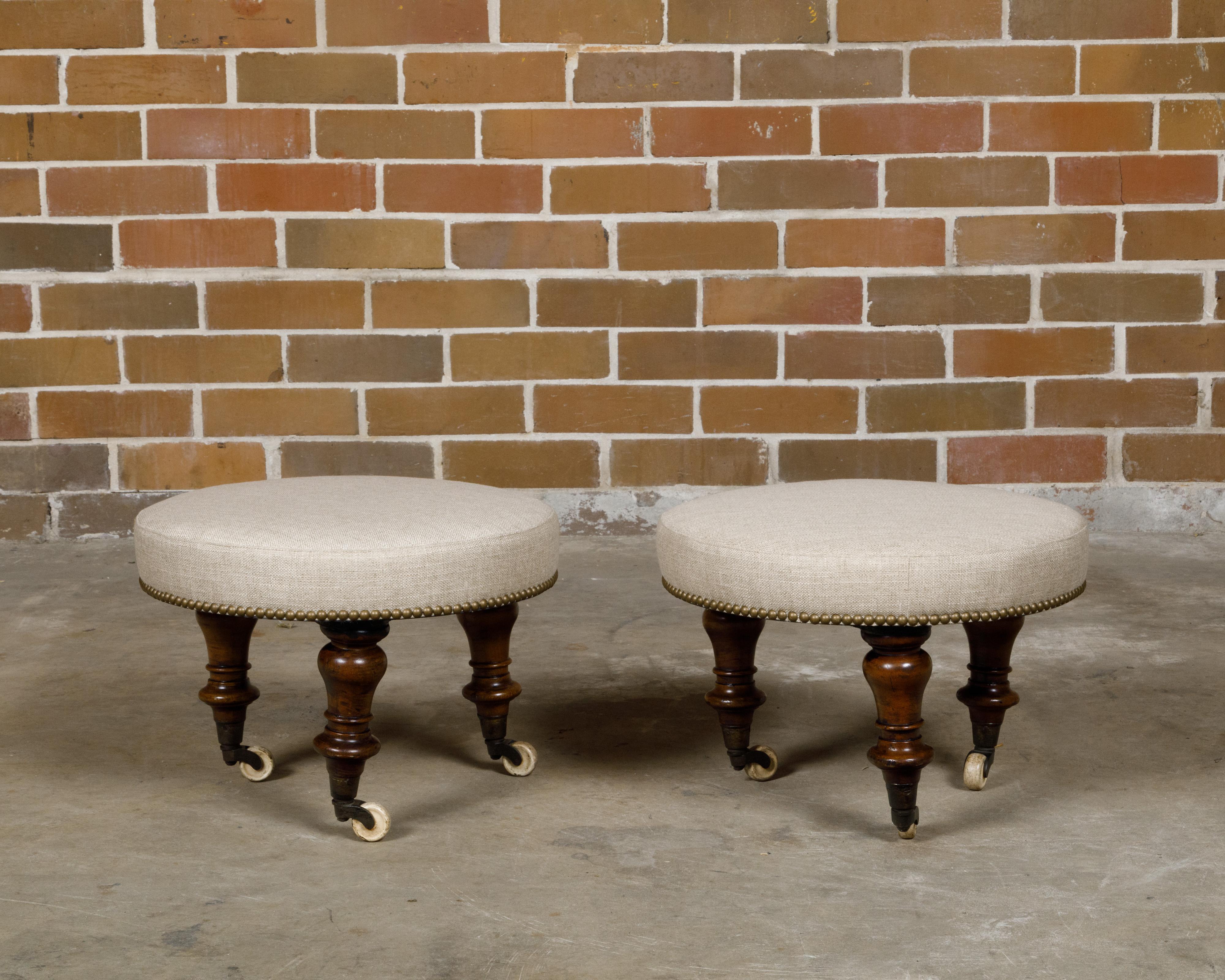 Pair of English Mahogany Stools with 19th Century Turned Legs on Casters For Sale 5