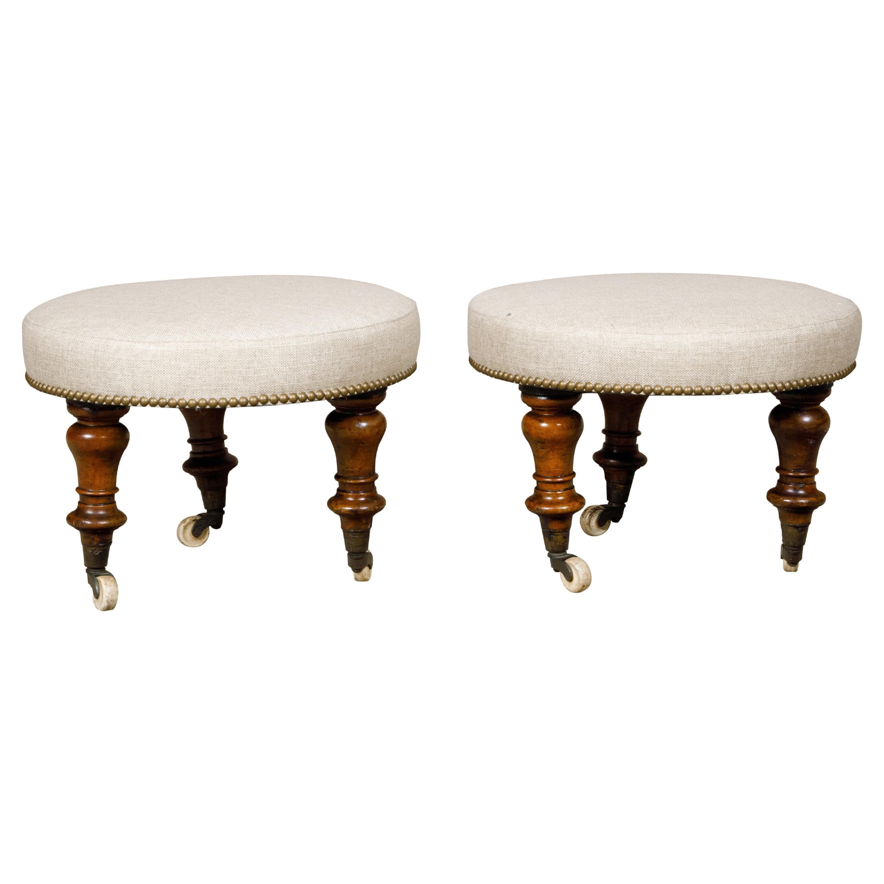Pair of English Mahogany Stools with 19th Century Turned Legs on Casters For Sale