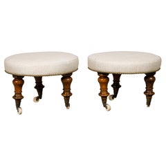 Used Pair of English Mahogany Stools with 19th Century Turned Legs on Casters
