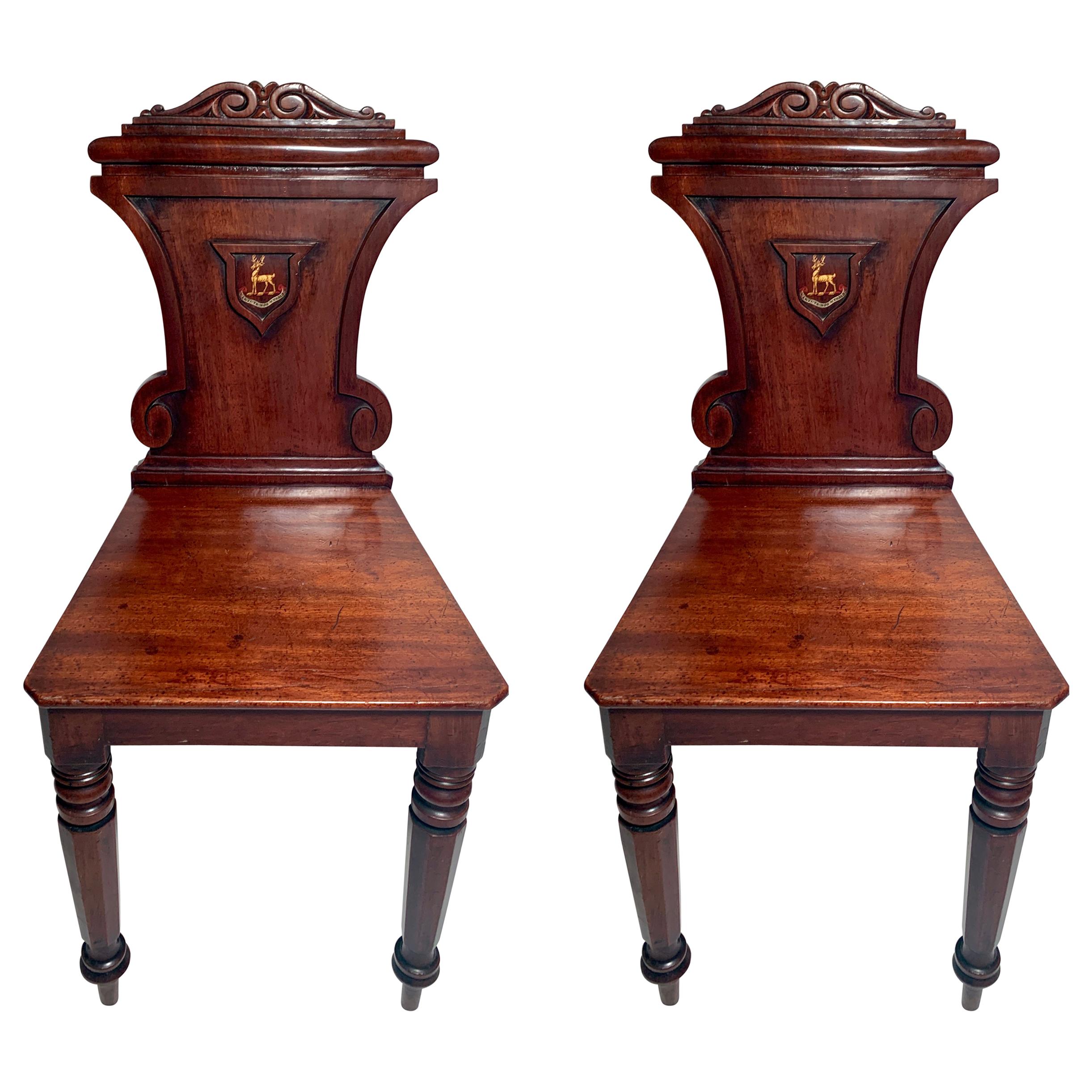 Pair of English Mahogany Wine Room Chairs "Virtute Non Verbis" For Sale
