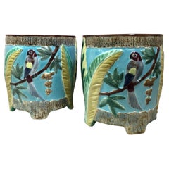 Pair of English Majolica Cache Pots with Parrot Joseph Holdcroft Circa 1880
