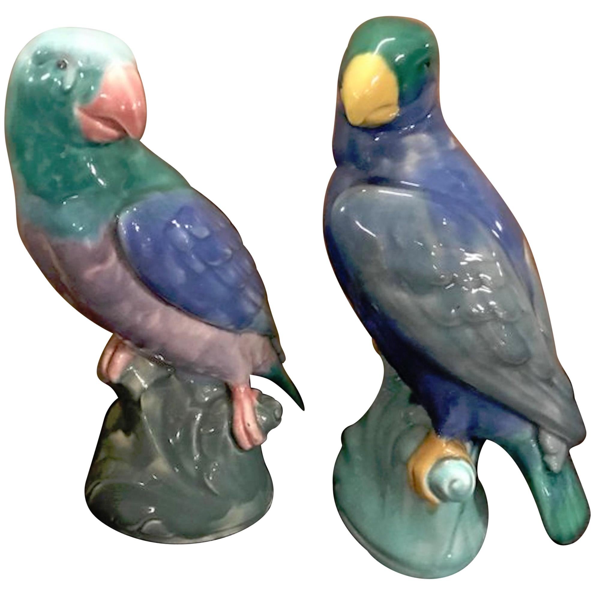 Pair of English Majolica Parrot Figures by Mintons For Sale