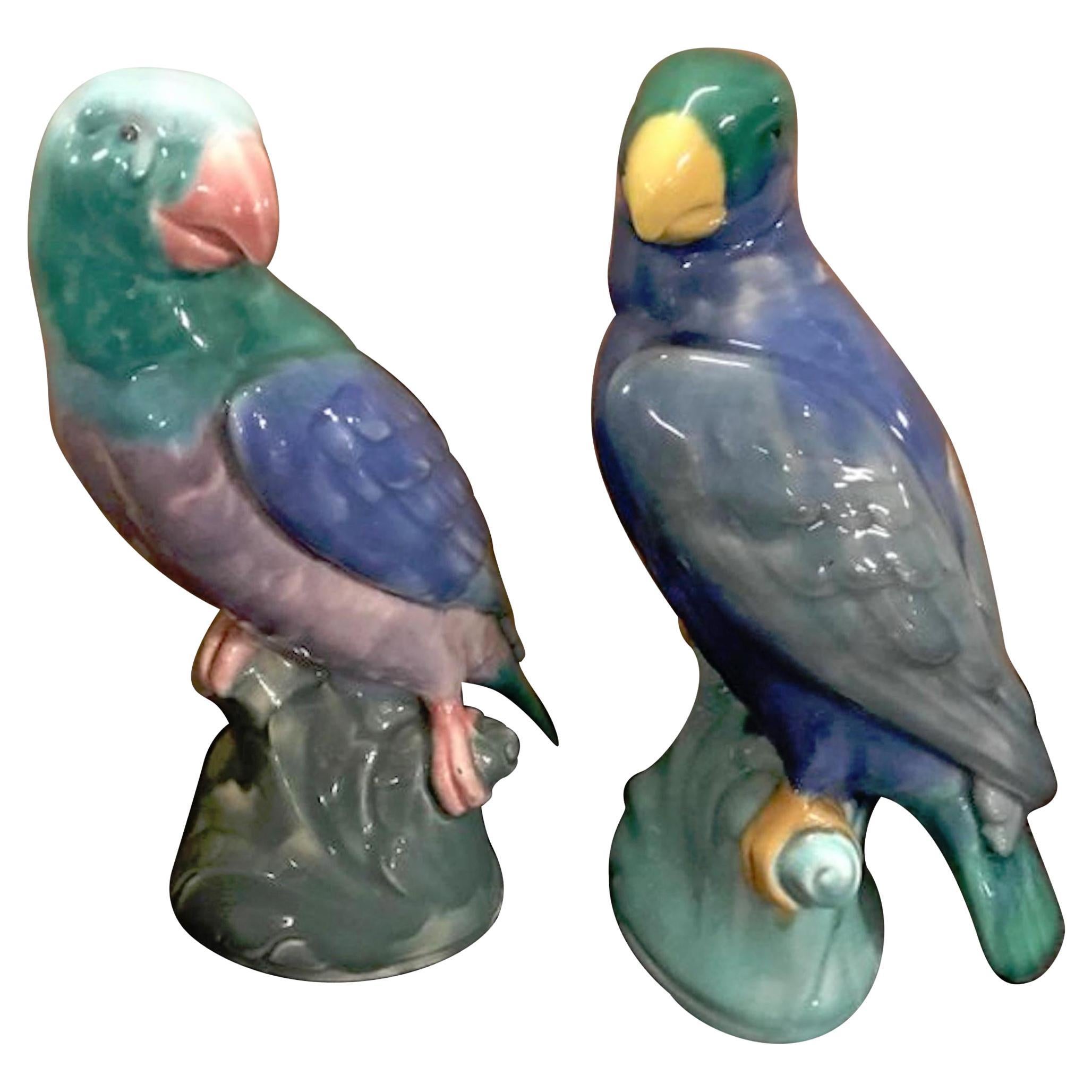 Paar englische Majolika-Papagei-Figuren von Mintons