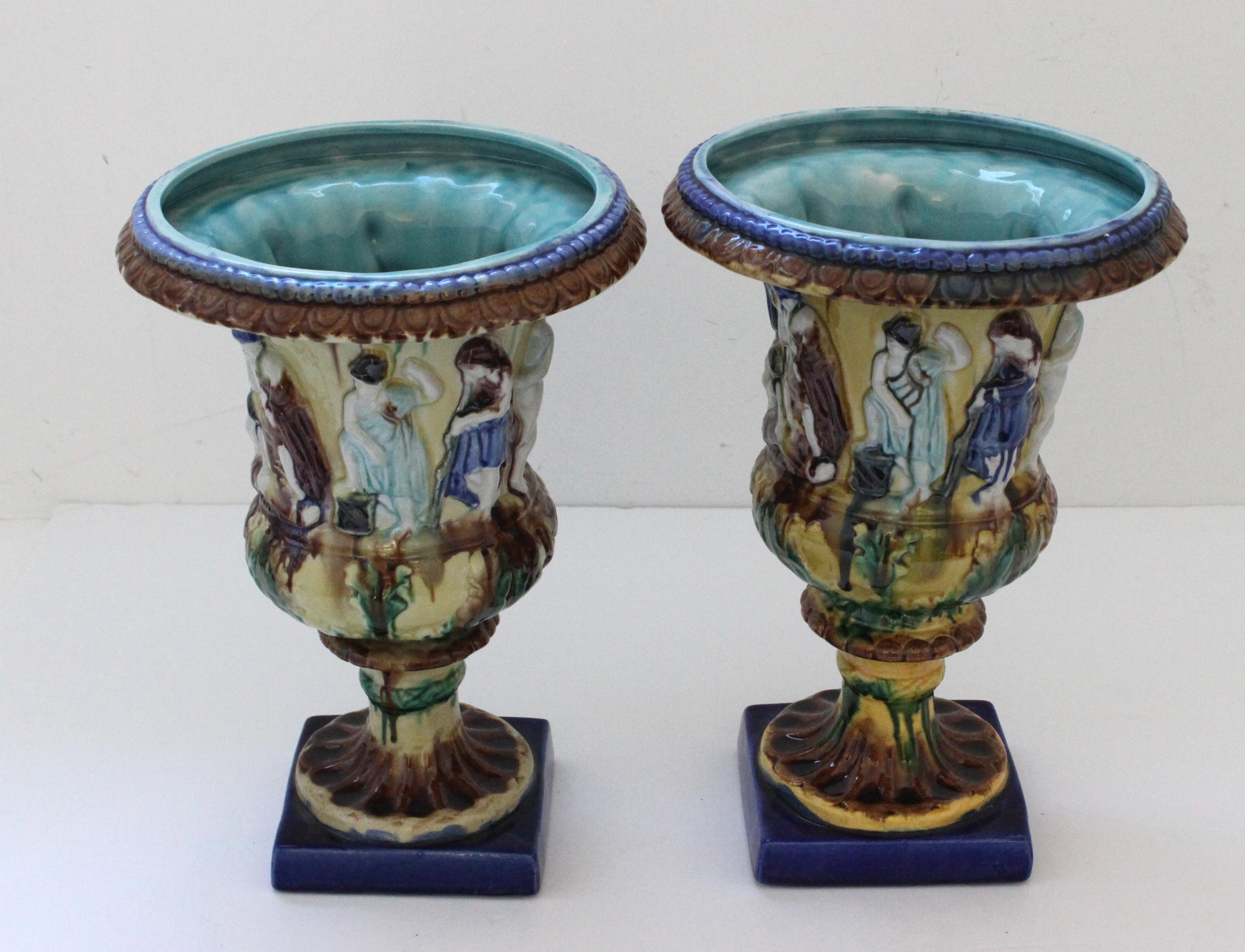 Pair of English Majolica Urns For Sale 3