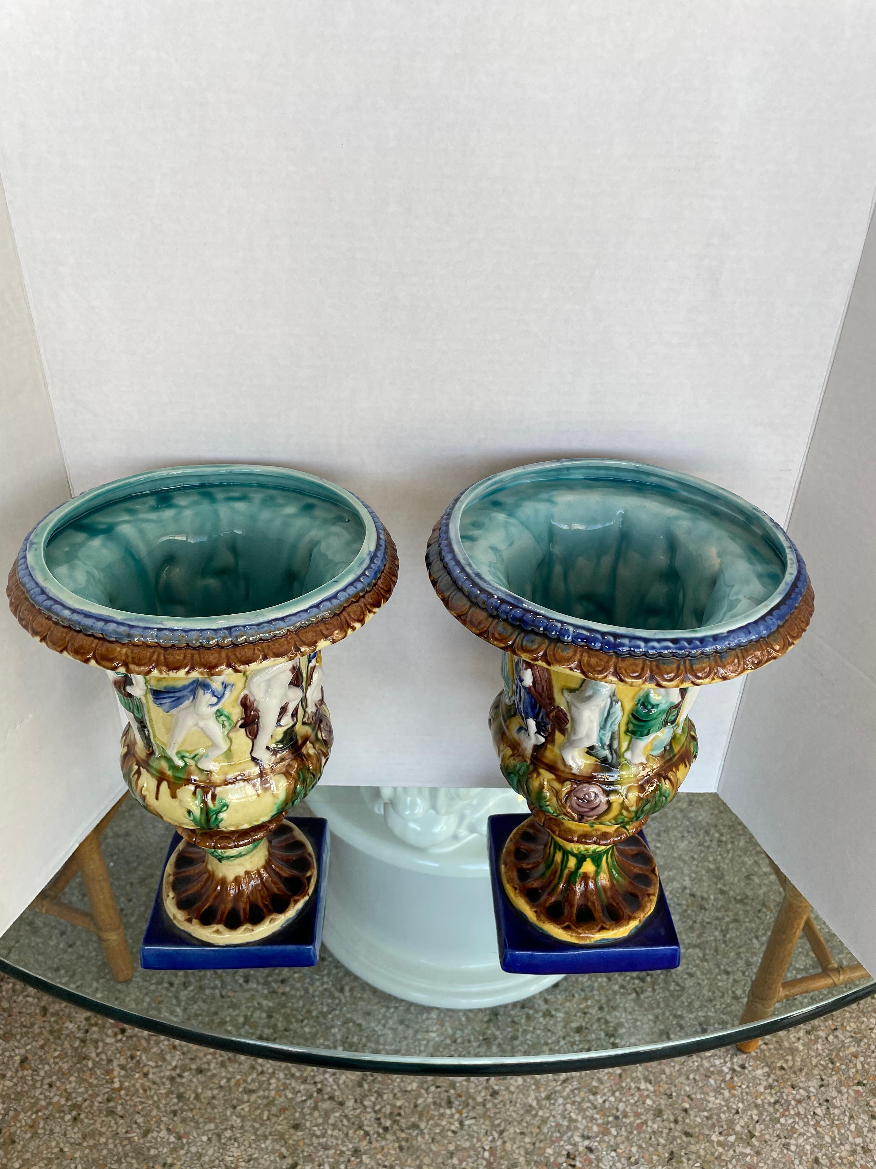 Pair of English Majolica Urns For Sale 5
