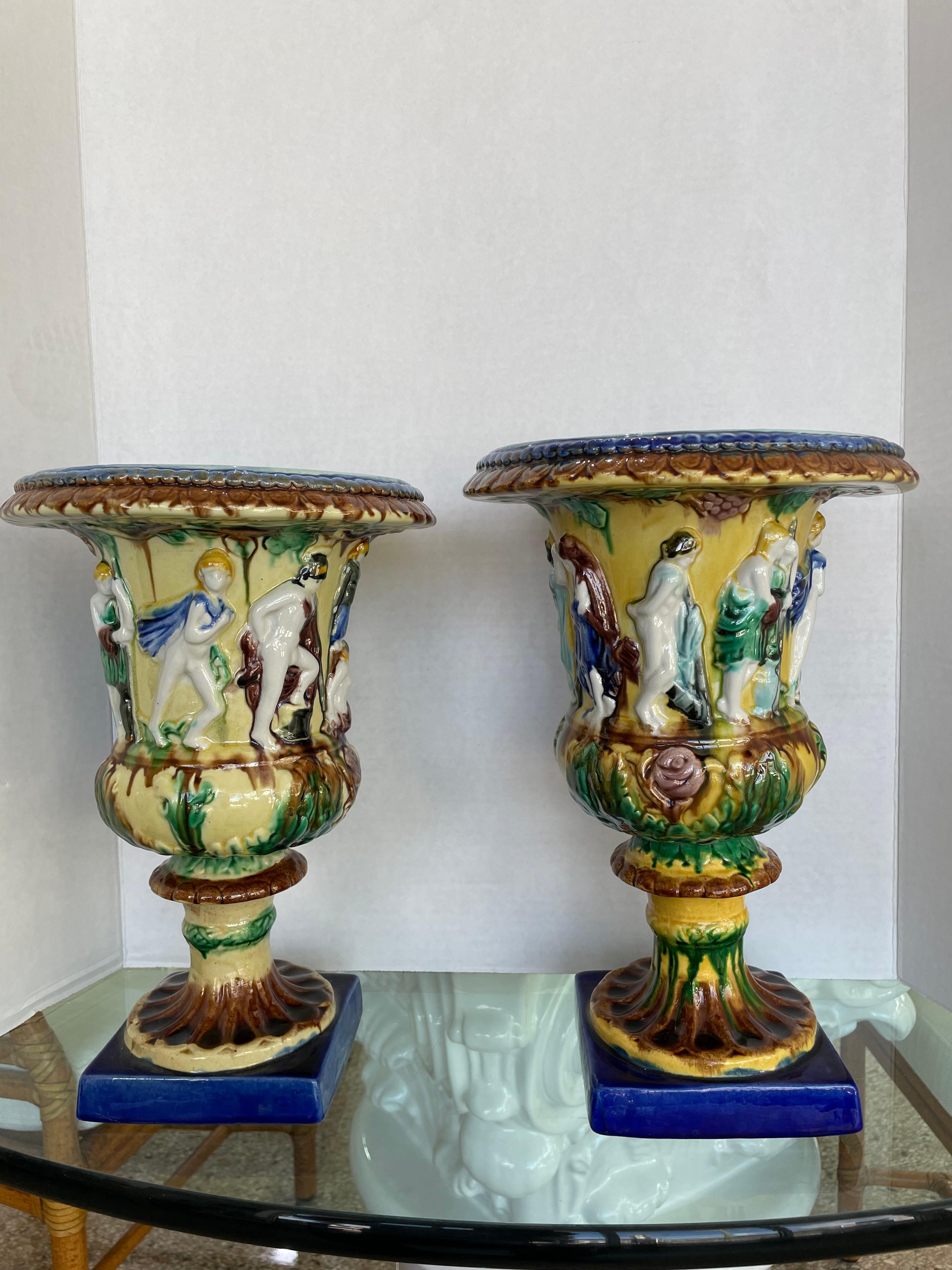 Pair of English Majolica Urns For Sale 7