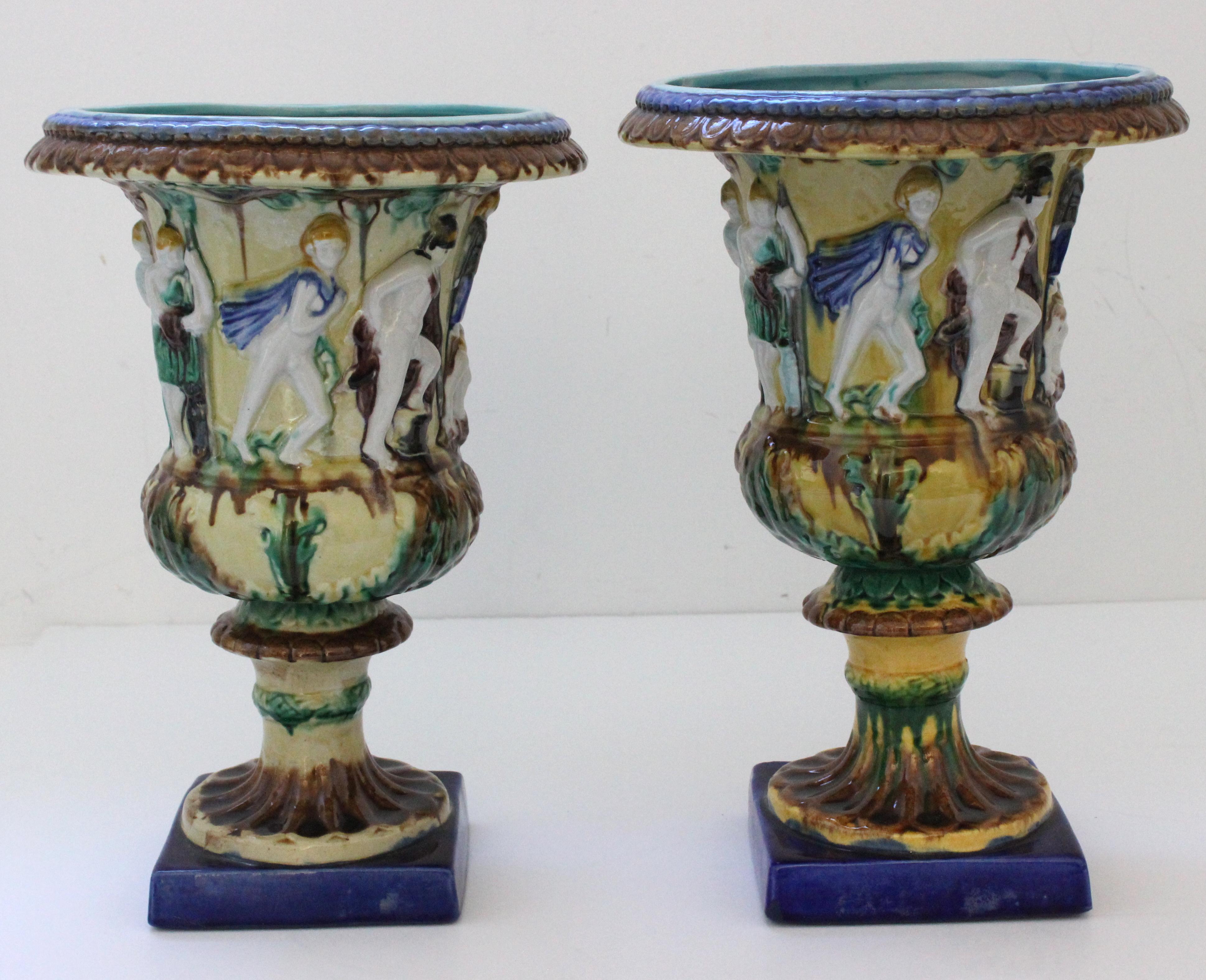 Neoclassical Revival Pair of English Majolica Urns For Sale