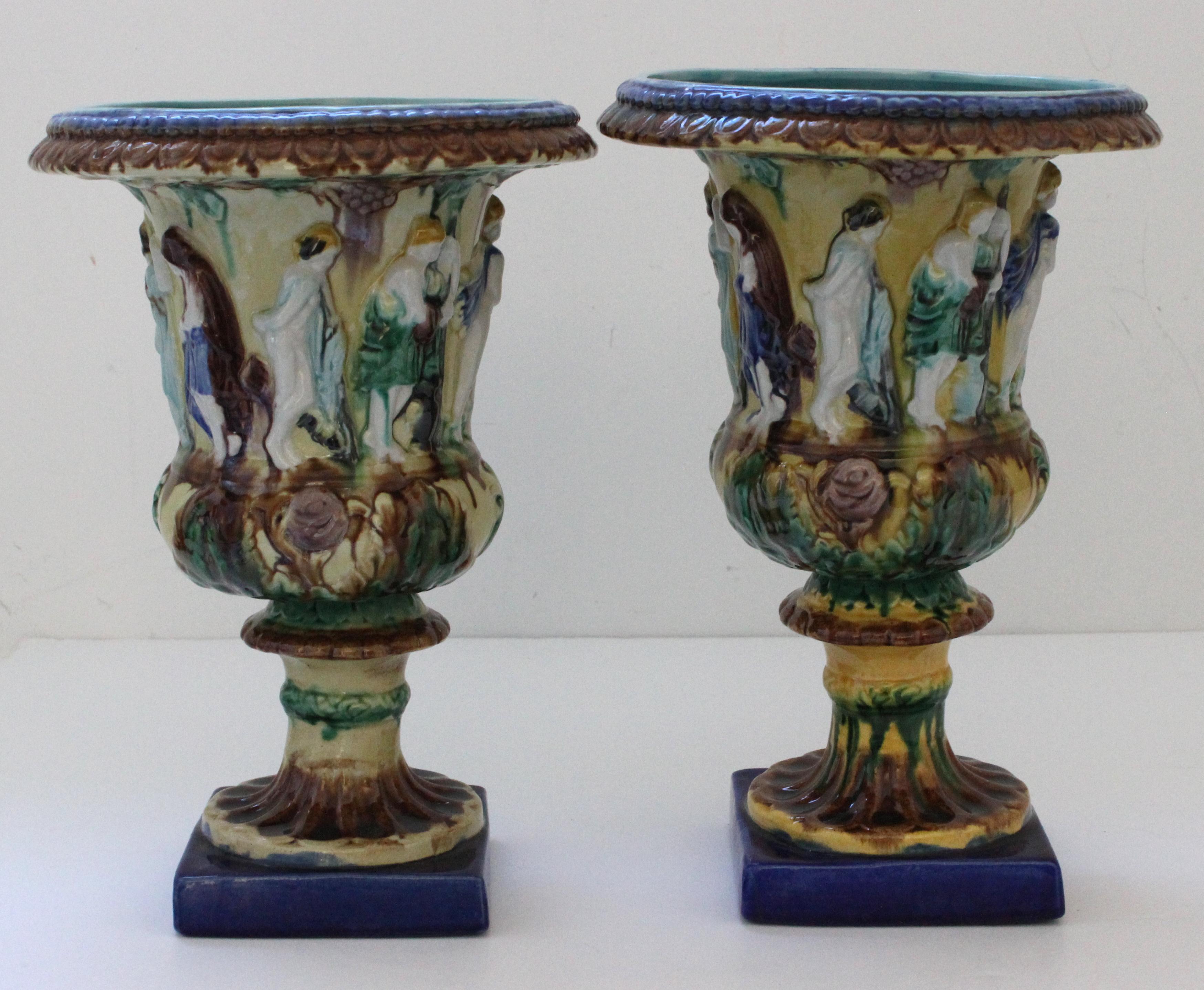 Glazed Pair of English Majolica Urns For Sale