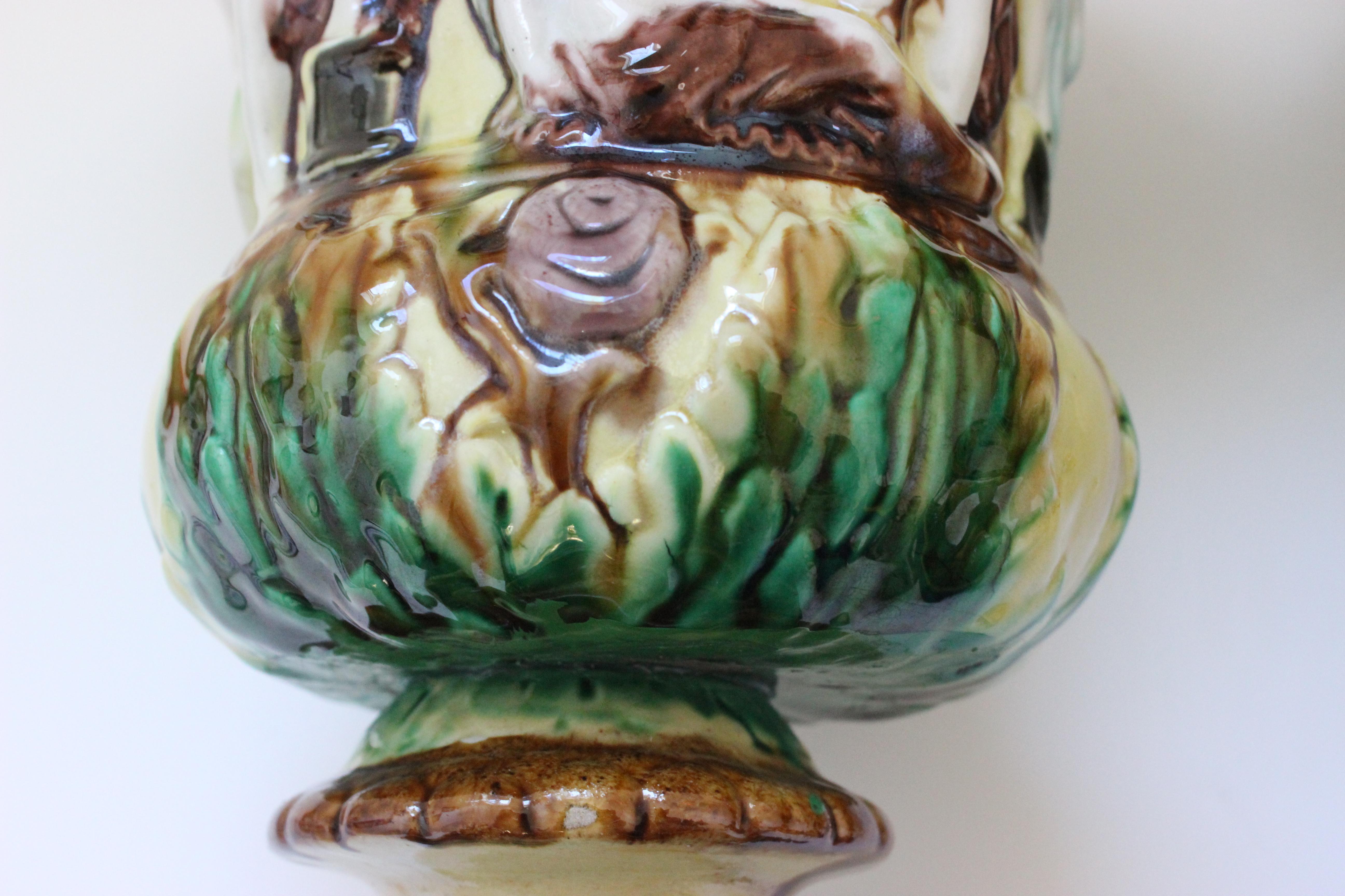 Ceramic Pair of English Majolica Urns For Sale