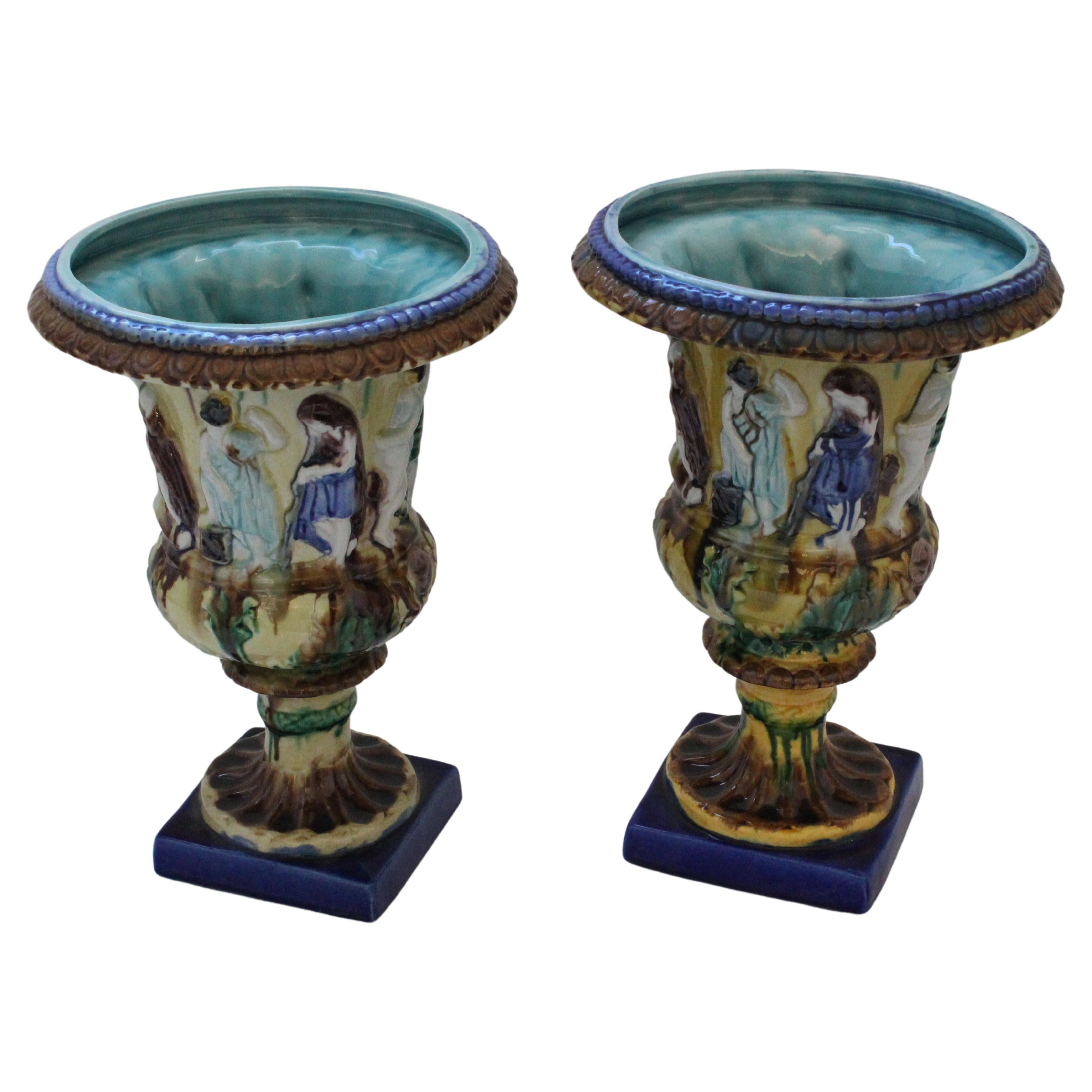 Pair of English Majolica Urns For Sale
