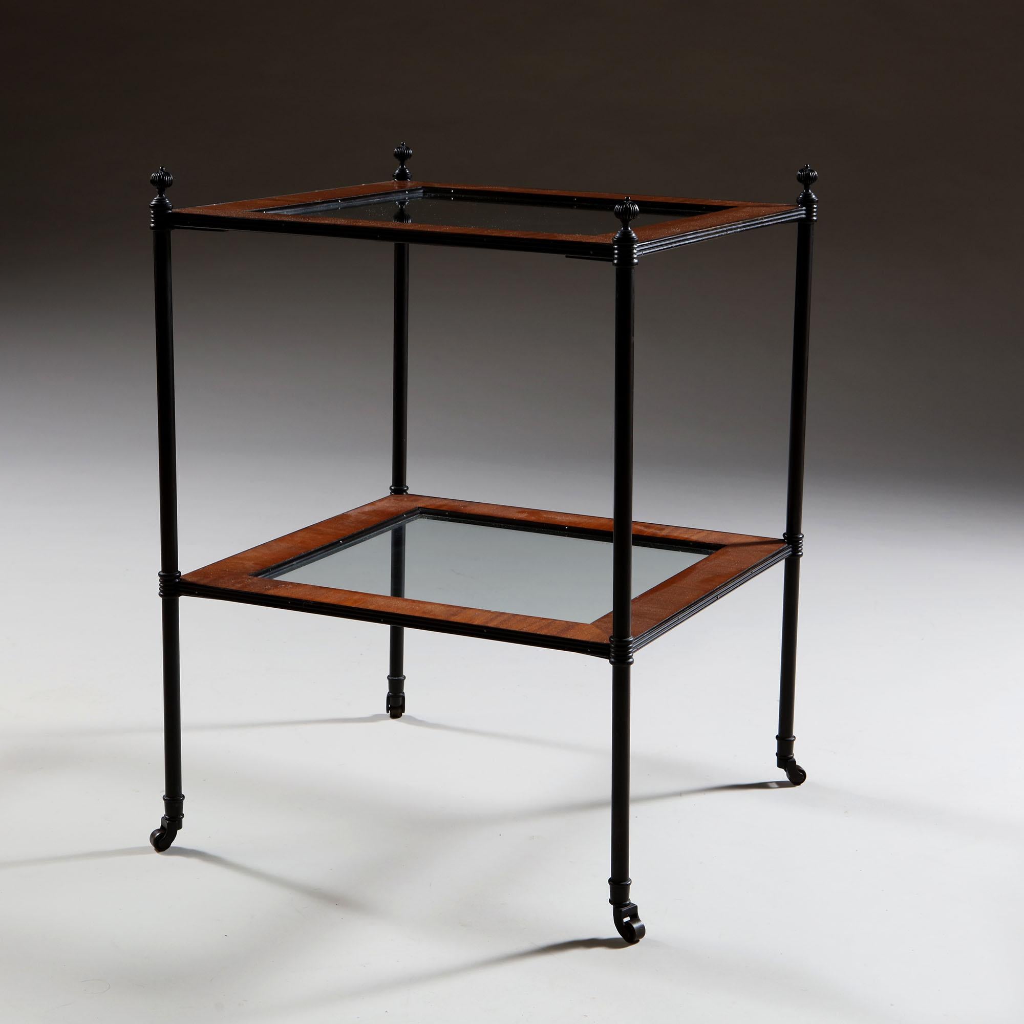 Pair of English Mallett Style Bronze Metal and Mahogany Etagere Side Tables In Good Condition In London, GB