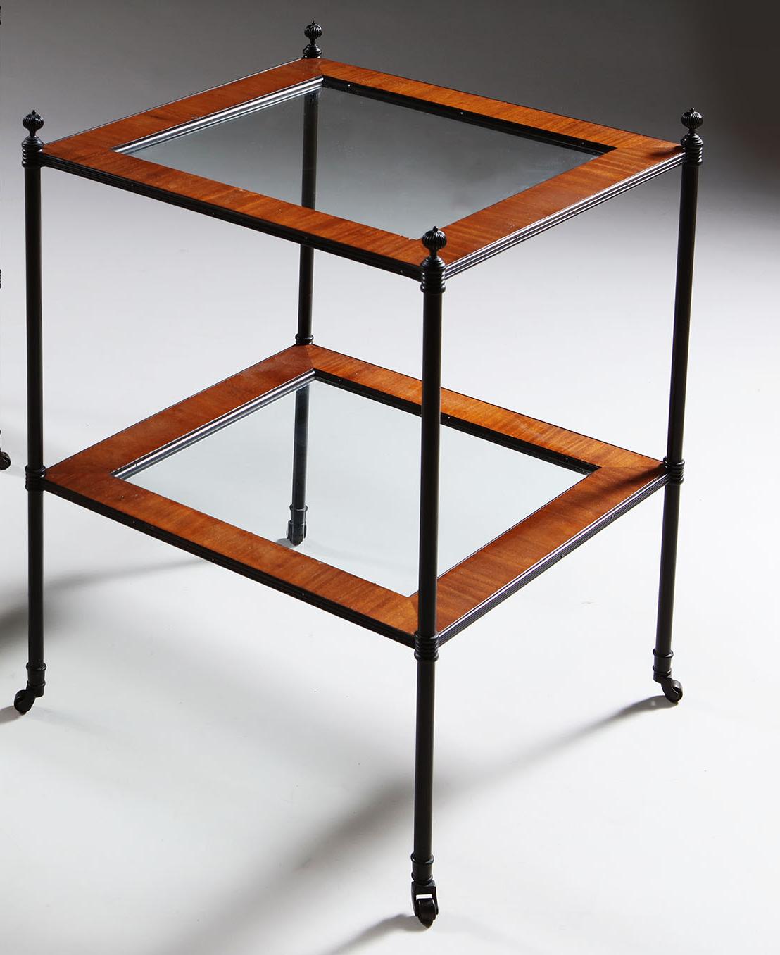 20th Century Pair of English Mallett Style Bronze Metal and Mahogany Etagere Side Tables