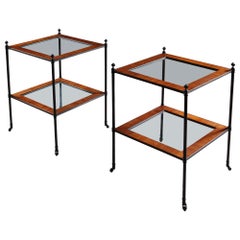 Pair of English Mallett Style Bronze Metal and Mahogany Etagere Side Tables