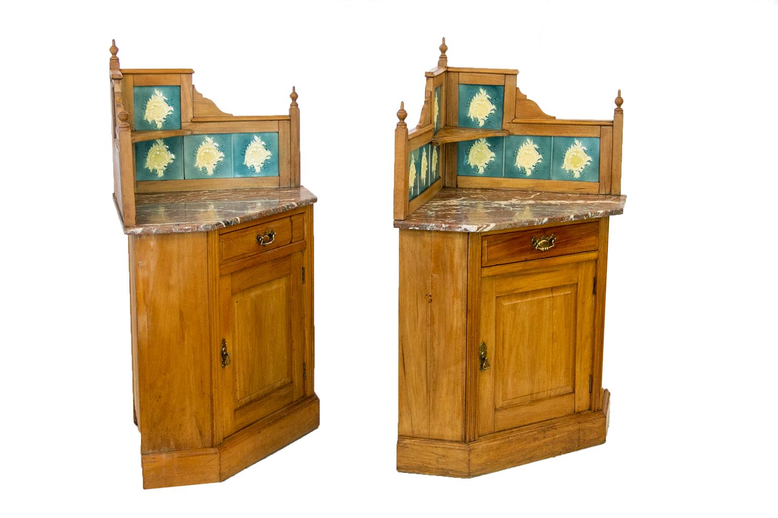 Pair of English Marble-Top Corner Cabinets For Sale 1