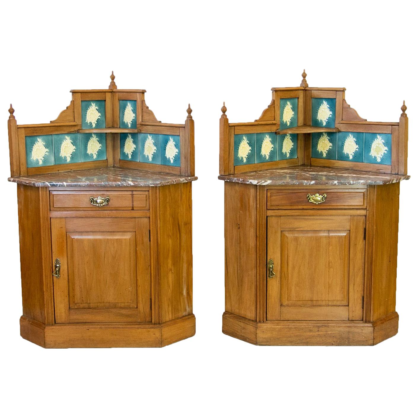 Pair of English Marble-Top Corner Cabinets