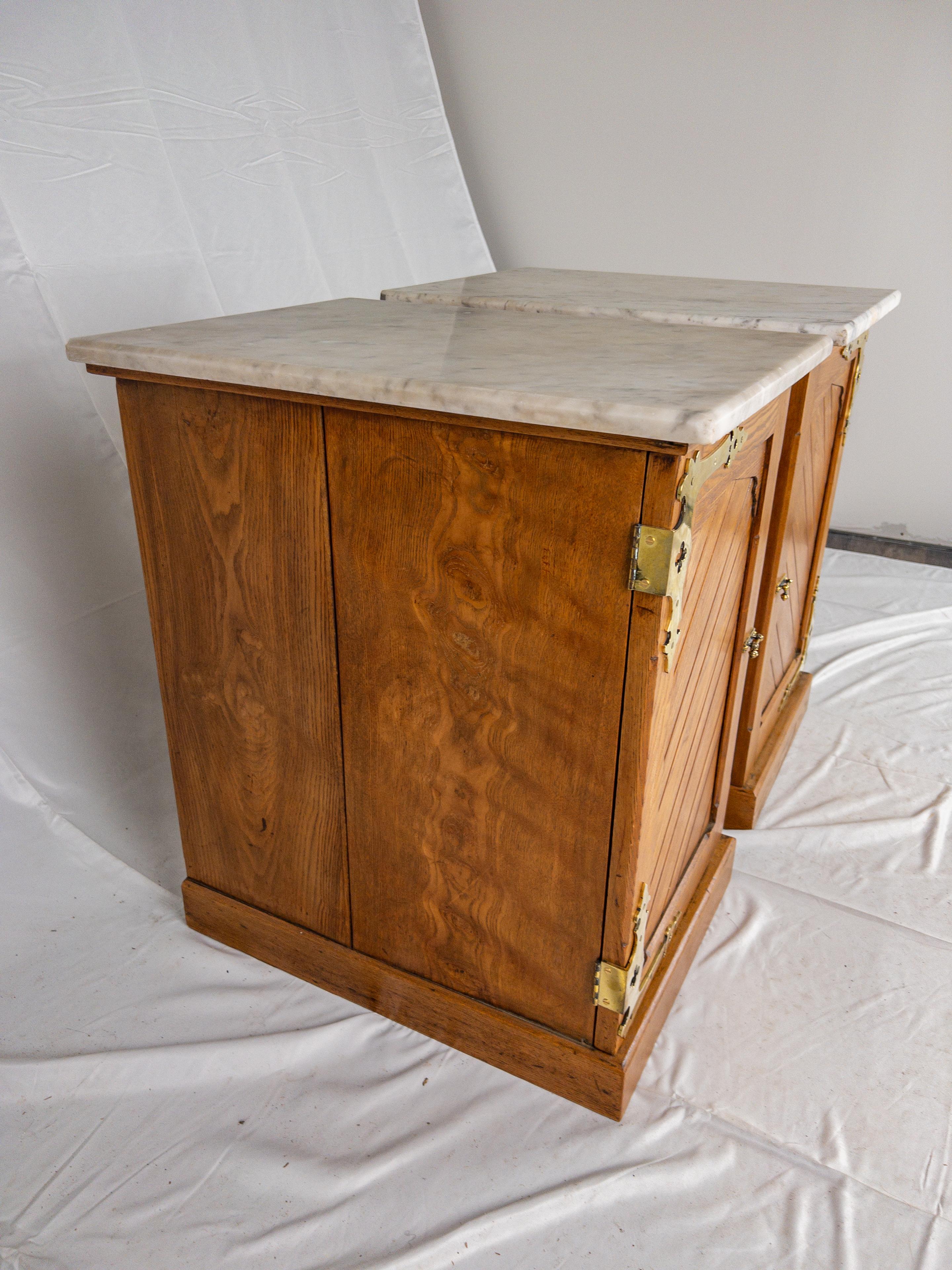 20th Century Pair of English Marble Top Side Cabinets For Sale