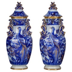 Antique Pair of English Mason's Ironstone Covered Vases, Circa 1830