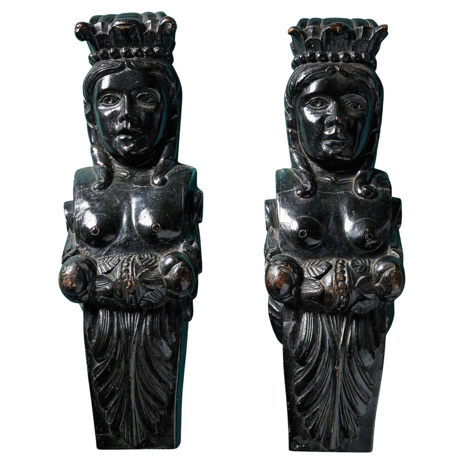 Pair of English Medieval Style Carved Caryatids