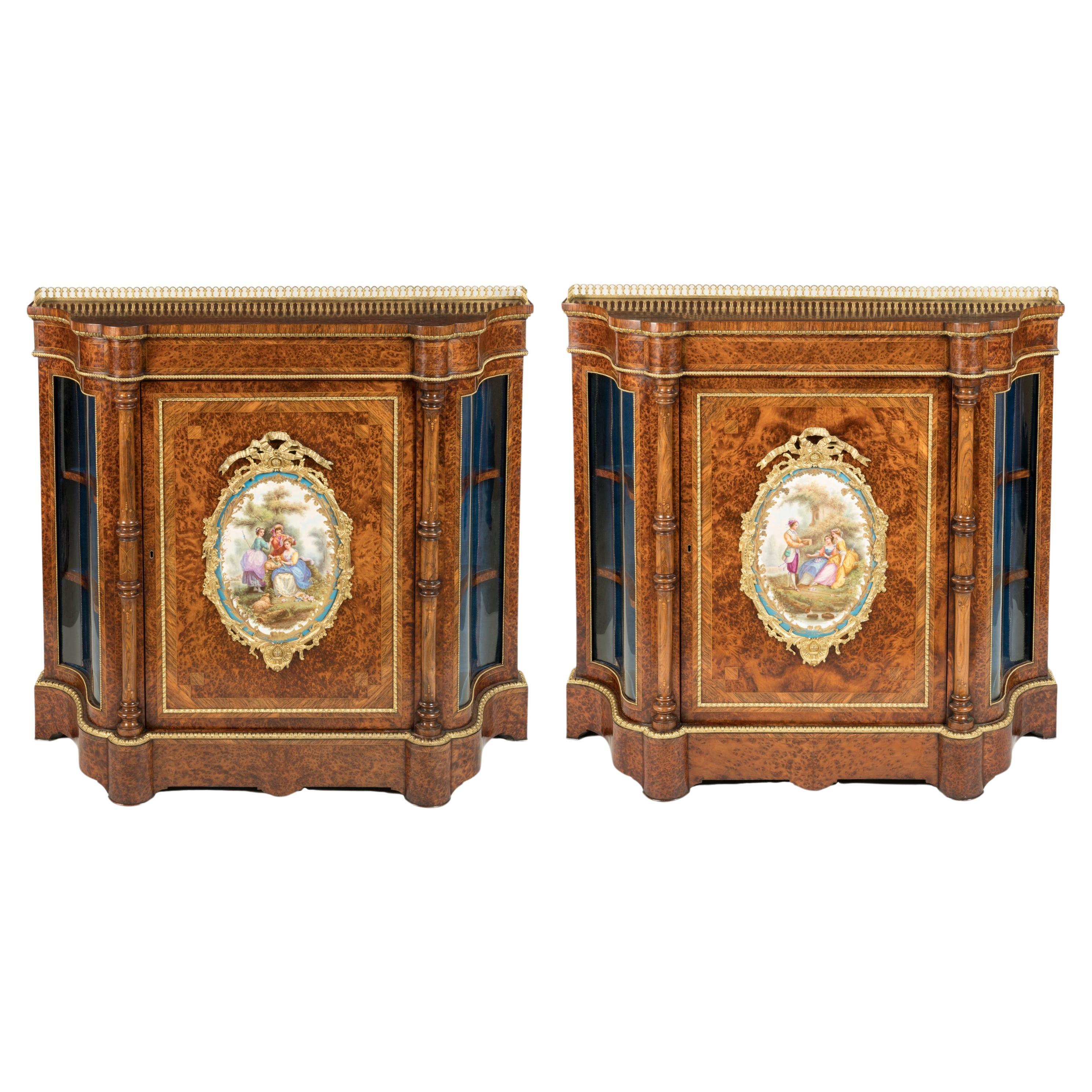 Pair of English Mid-19th Century Porcelain Mounted Thuyawood Cabinets