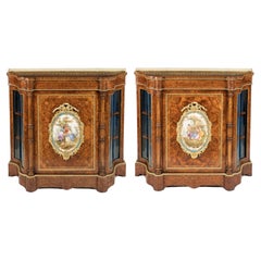 Antique Pair of English Mid-19th Century Porcelain Mounted Thuyawood Cabinets