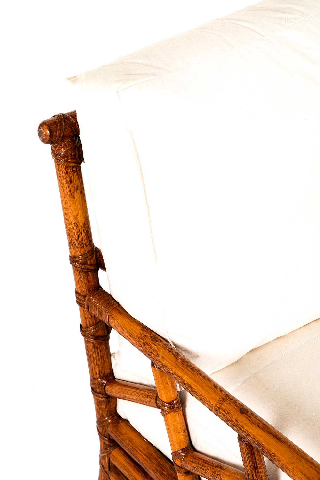 Calico Pair of English Mid-Century Bamboo Sofas For Sale