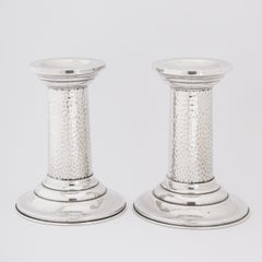 Pair of English Mid-Century Modern Sterling Hand Hammered Candlesticks