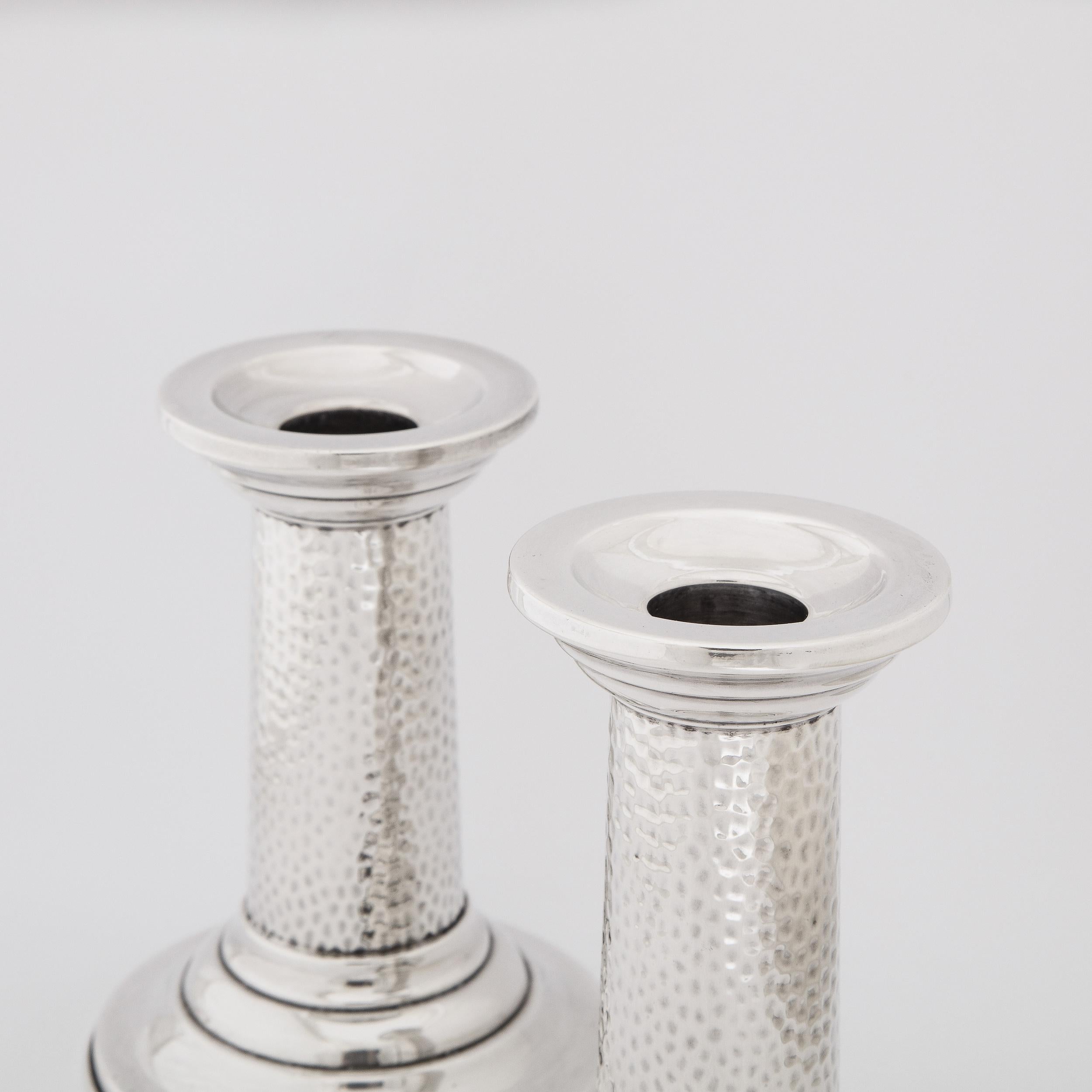 Sterling Silver Pair of English Mid-Century Modern Sterling Hand Hammered Candlesticks