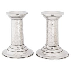 Pair of English Mid-Century Modern Sterling Hand Hammered Candlesticks