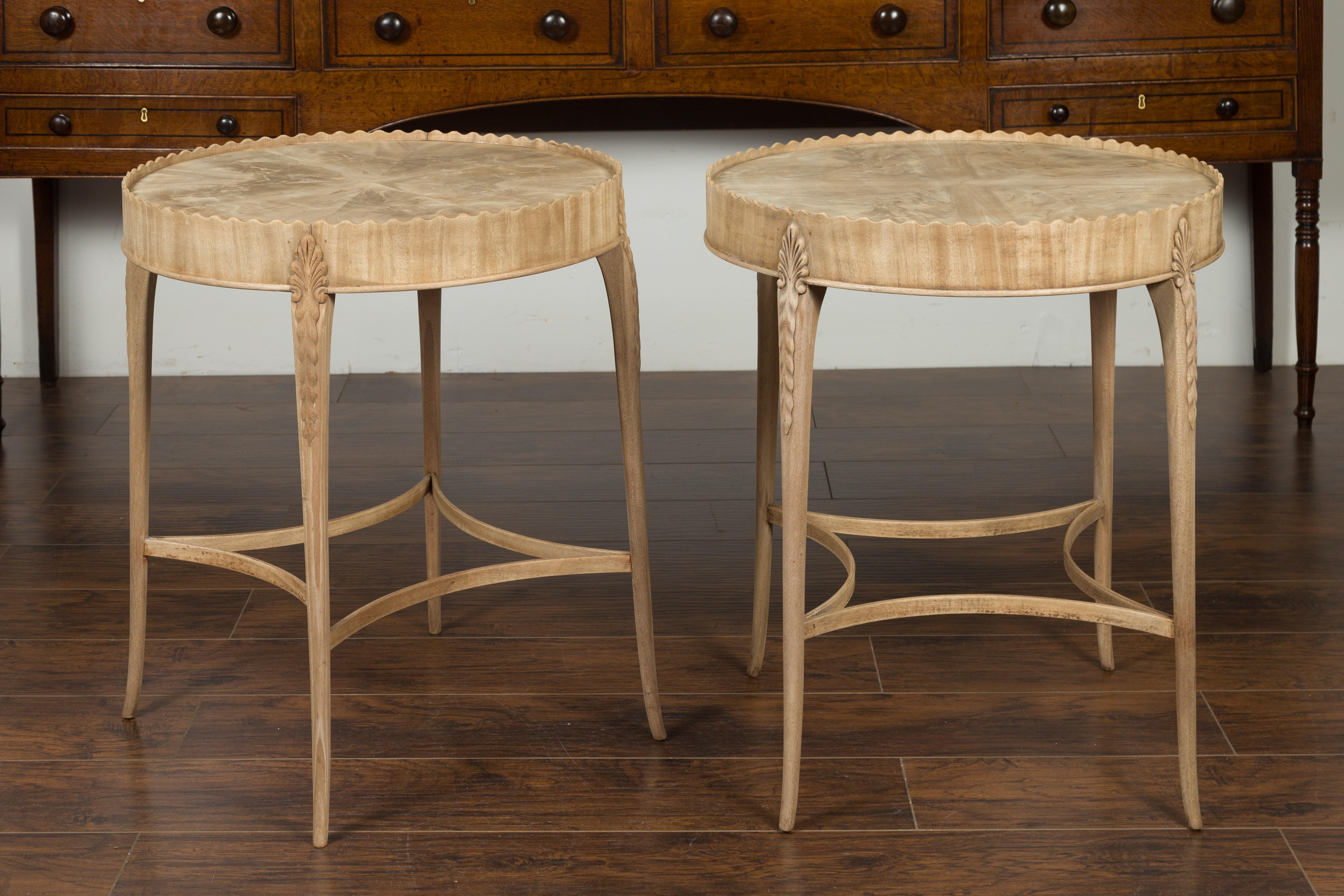 Pair of English Midcentury Bleached Mahogany Side Tables with Circular Tops 7