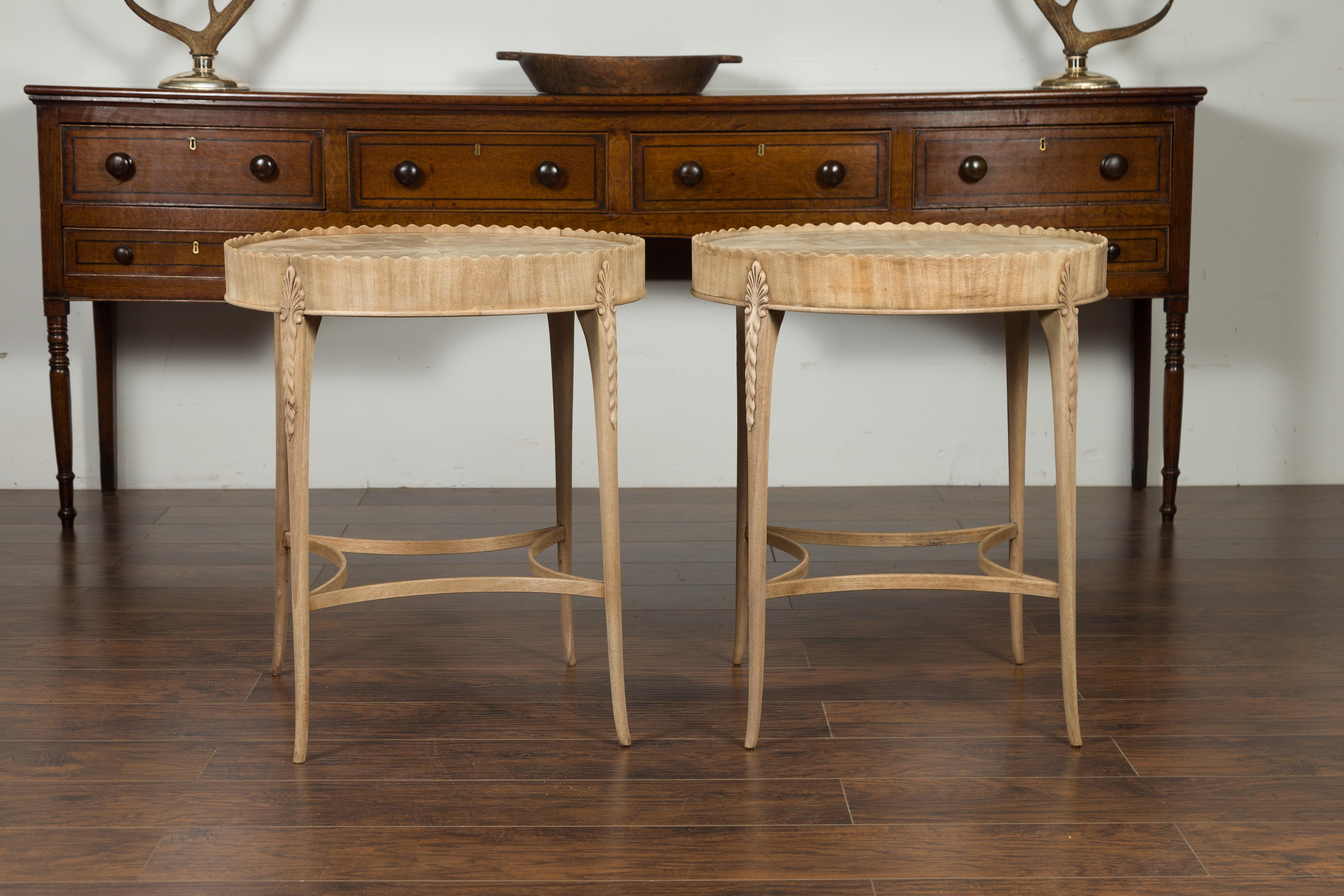 Pair of English Midcentury Bleached Mahogany Side Tables with Circular Tops 9