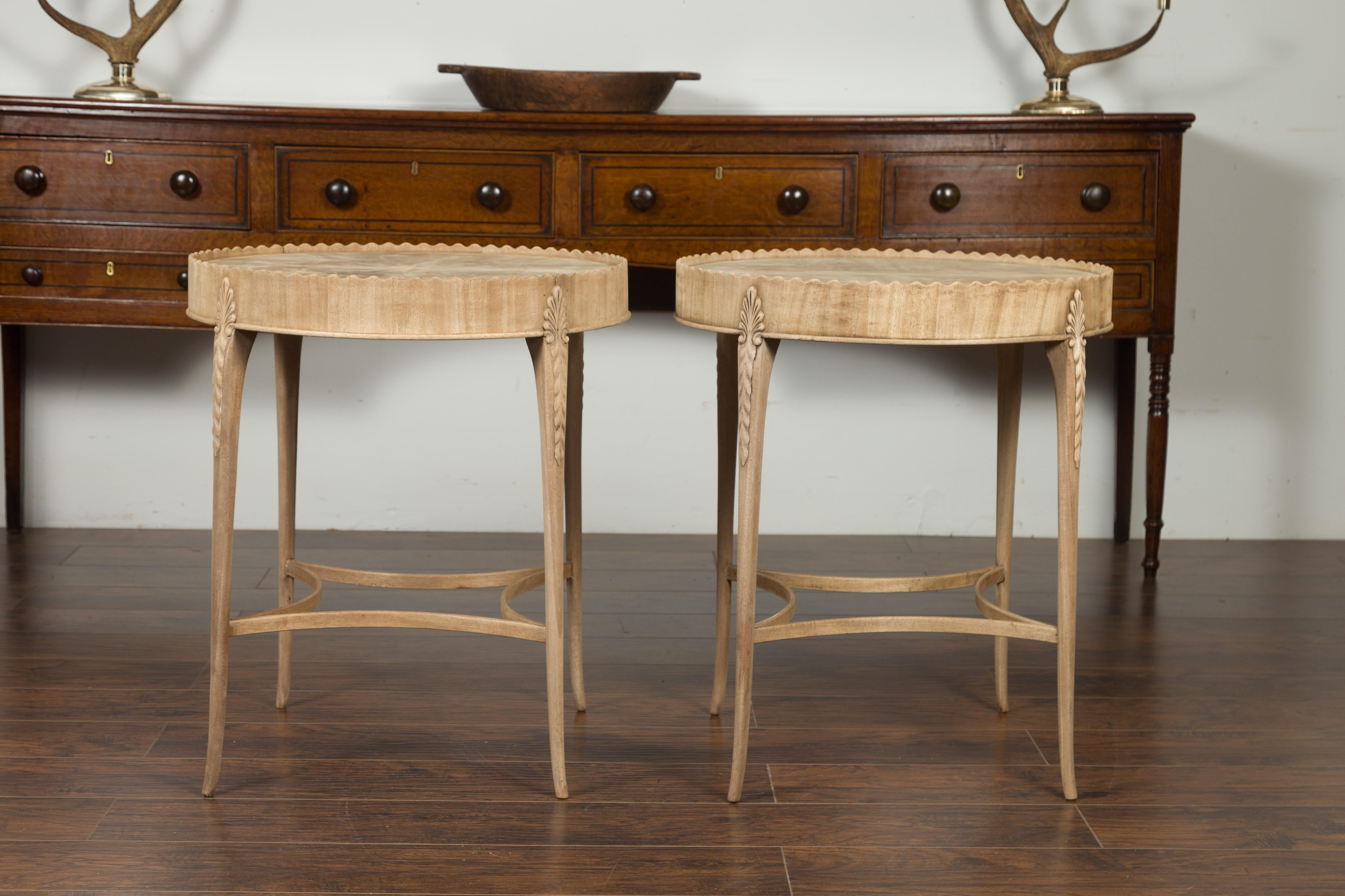 Pair of English Midcentury Bleached Mahogany Side Tables with Circular Tops 10