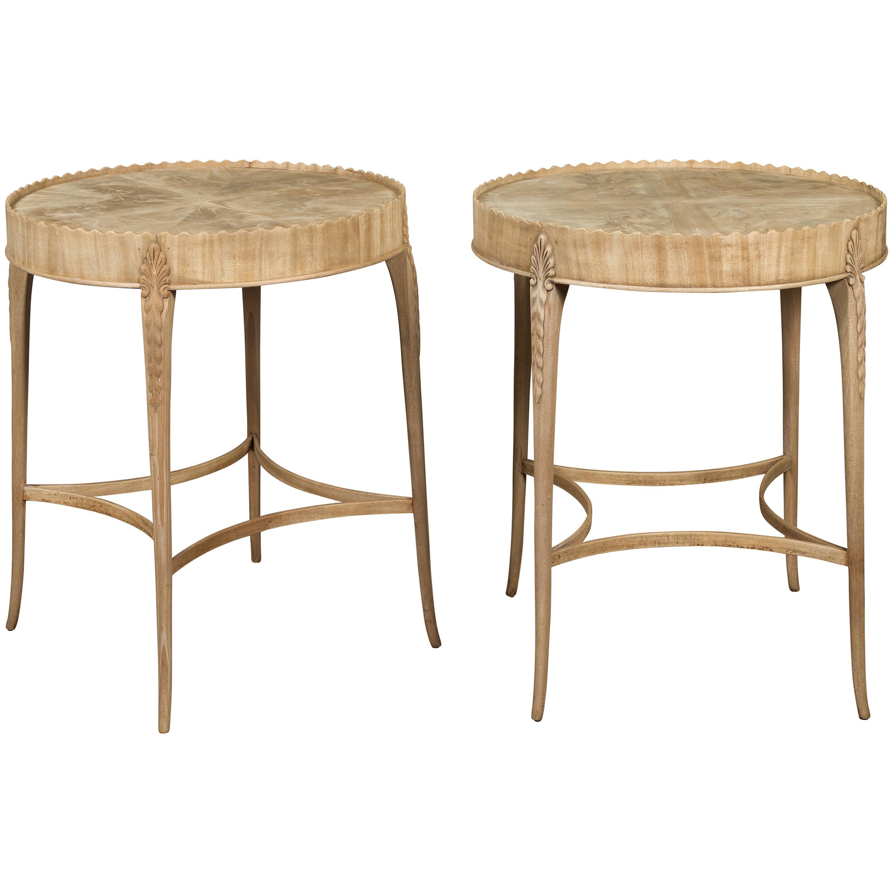 Pair of English Midcentury Bleached Mahogany Side Tables with Circular Tops