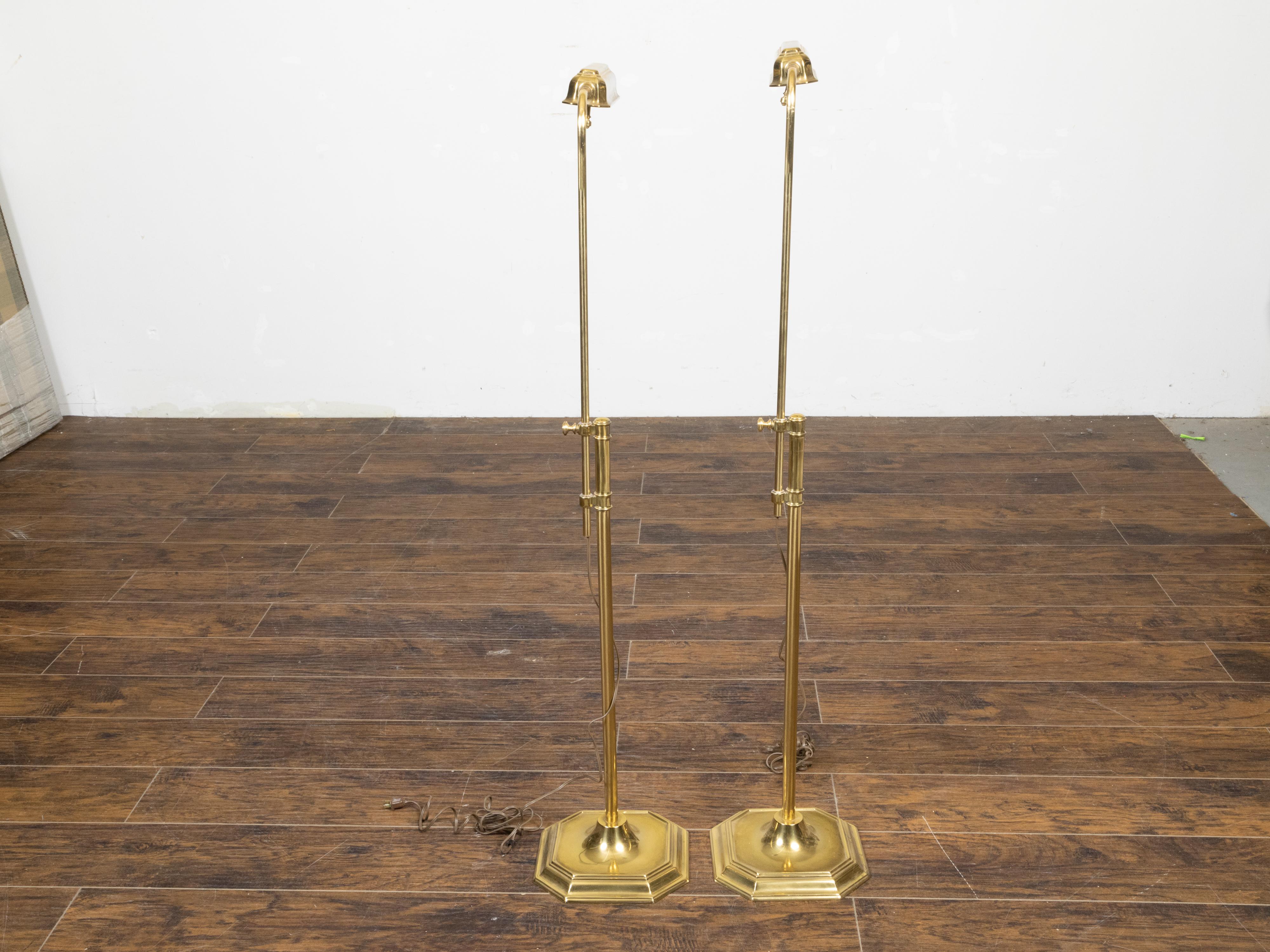 Mid-Century Modern Pair of English Mid-Century Brass Floor Lamps on Octagonal Bases, US Wired