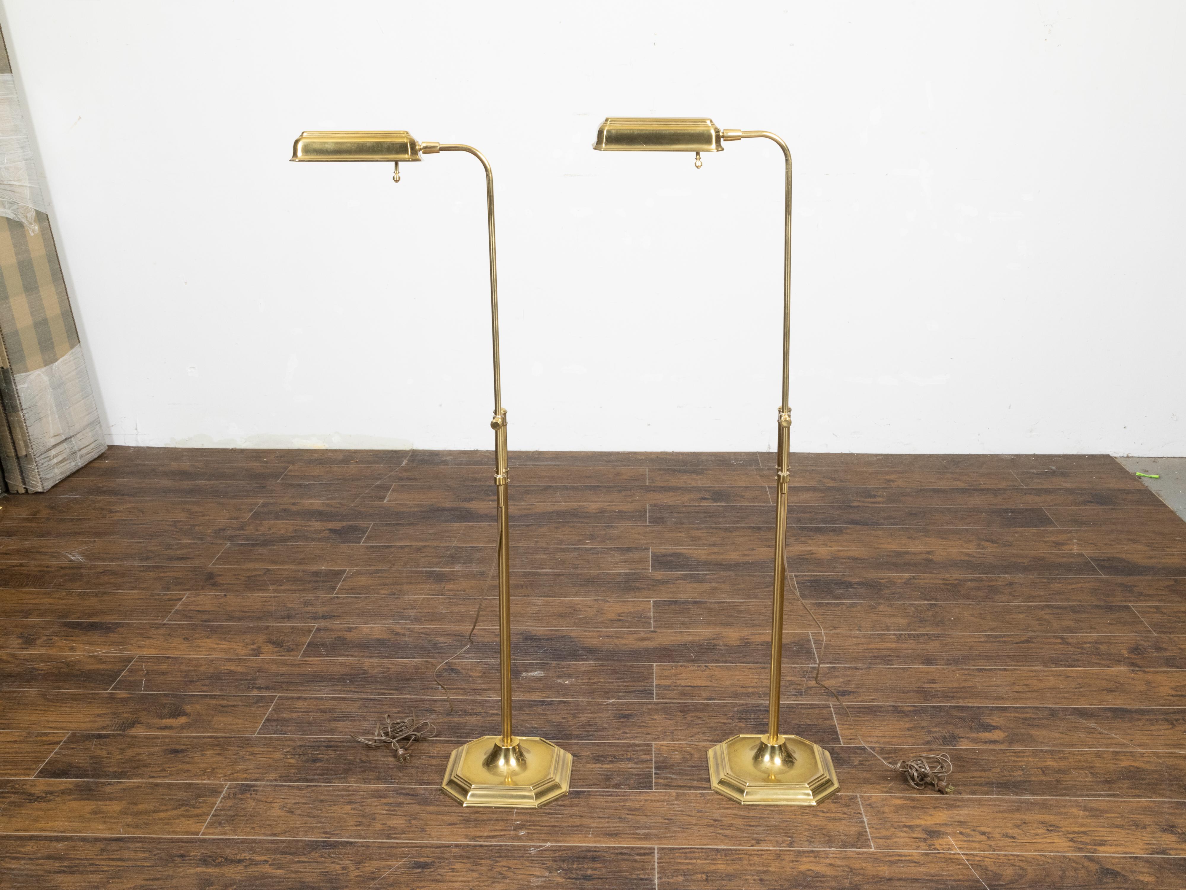 20th Century Pair of English Mid-Century Brass Floor Lamps on Octagonal Bases, US Wired