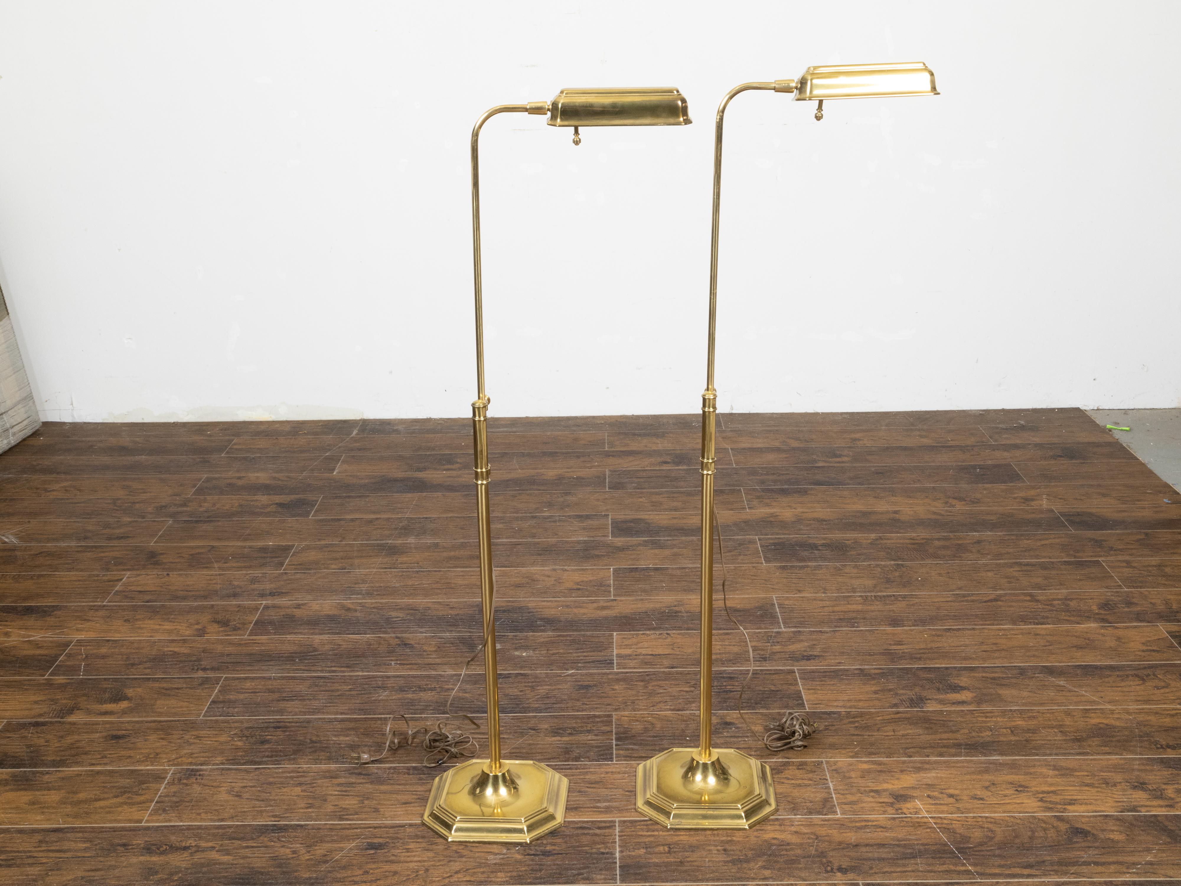 Pair of English Mid-Century Brass Floor Lamps on Octagonal Bases, US Wired 1