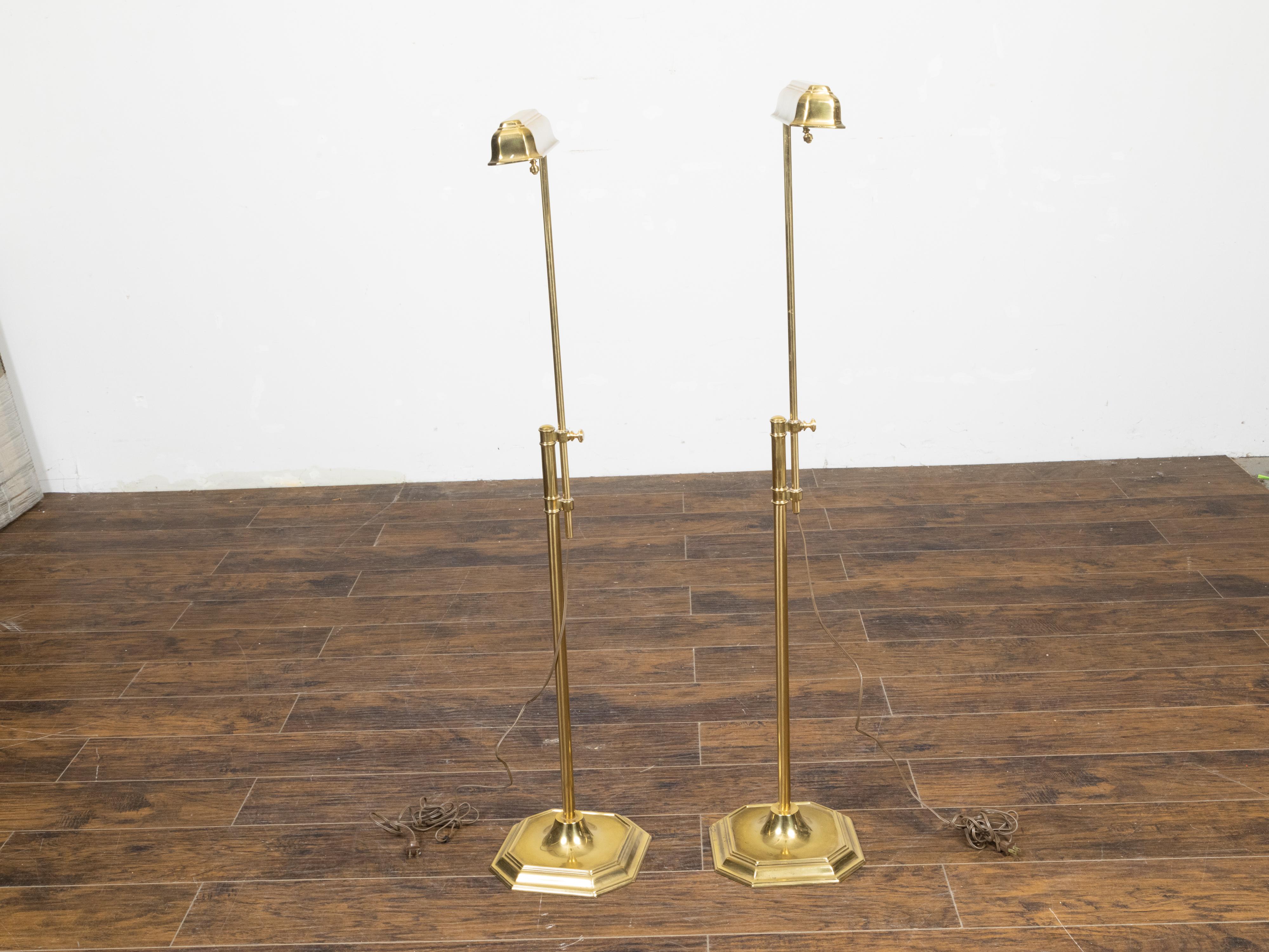 Pair of English Mid-Century Brass Floor Lamps on Octagonal Bases, US Wired 2