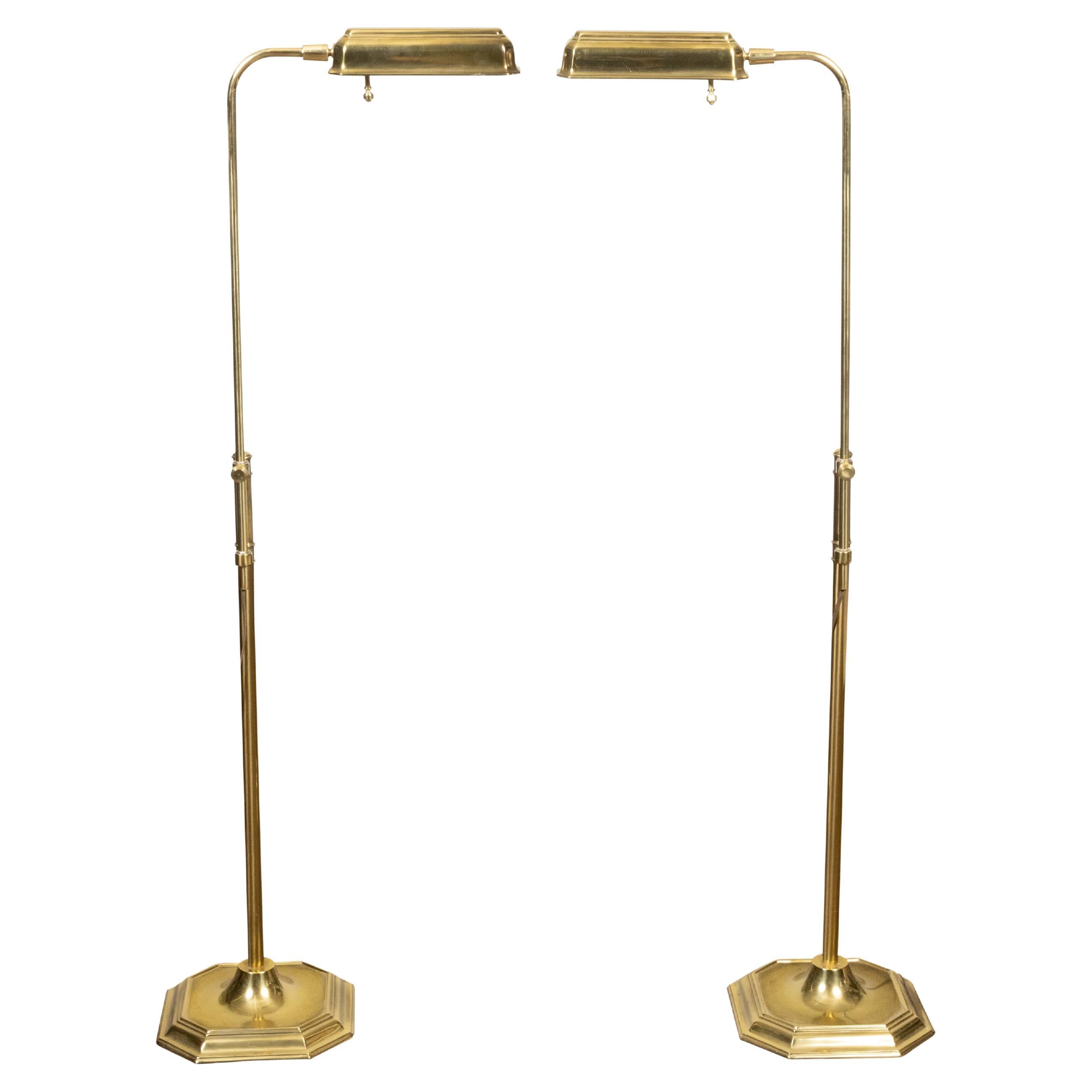 Pair of English Mid-Century Brass Floor Lamps on Octagonal Bases, US Wired