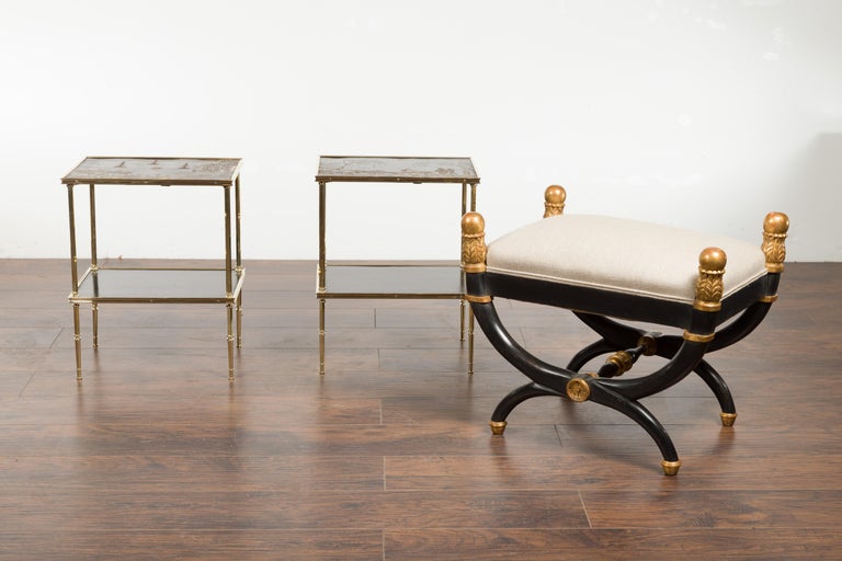 Pair of English Midcentury Brass Side Tables with Chinoiserie Tops and Shelves 8