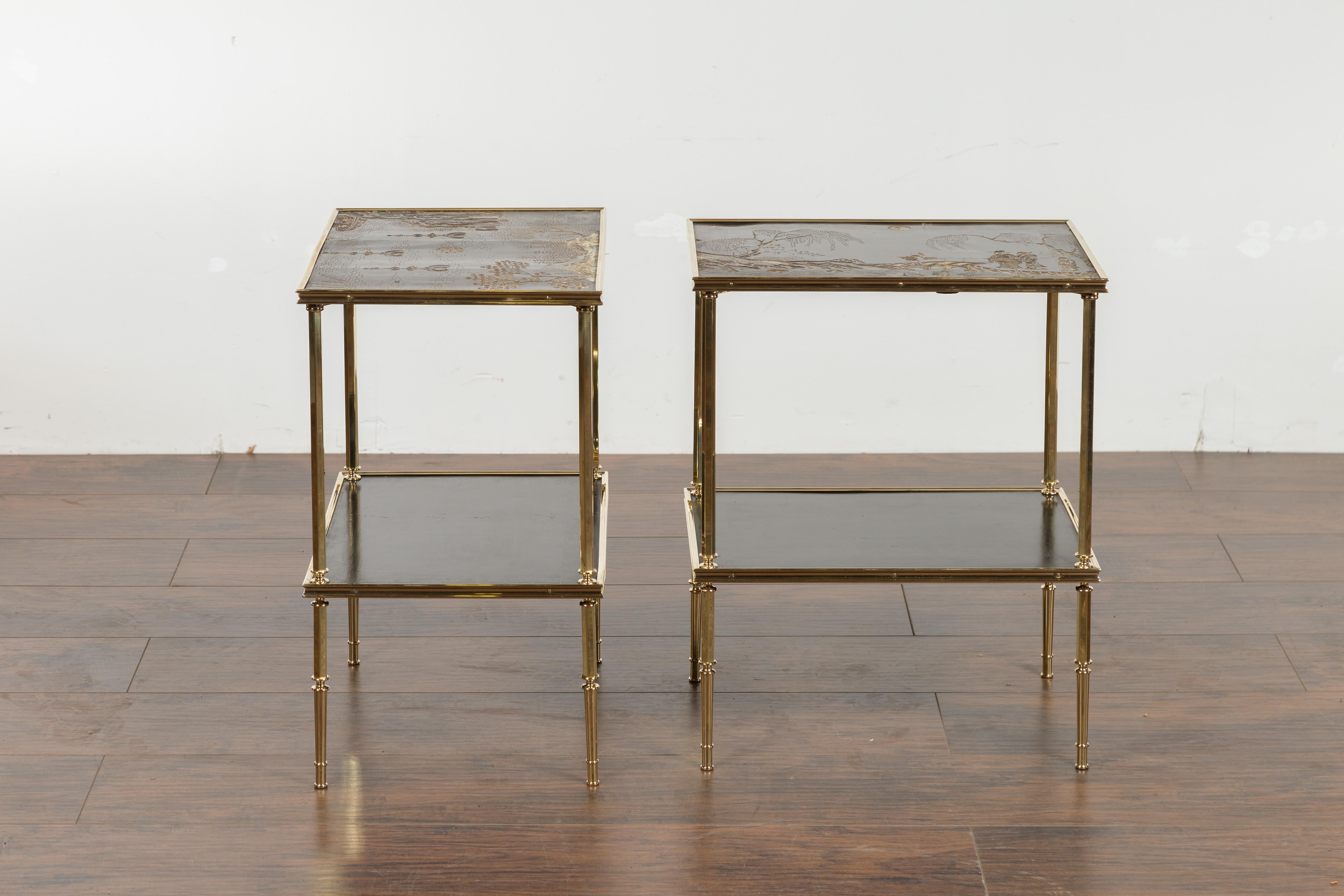 Pair of English Midcentury Brass Side Tables with Chinoiserie Tops and Shelves 9