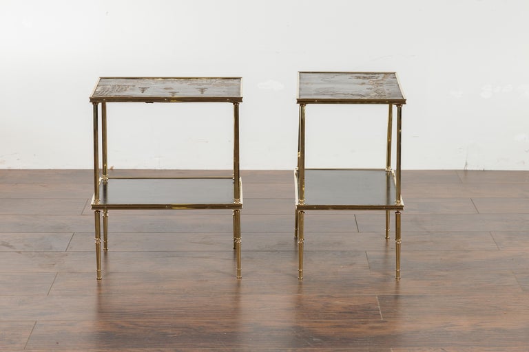 Pair of English Midcentury Brass Side Tables with Chinoiserie Tops and Shelves 10