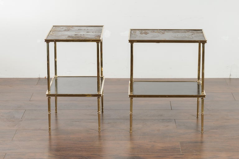 Pair of English Midcentury Brass Side Tables with Chinoiserie Tops and Shelves 11