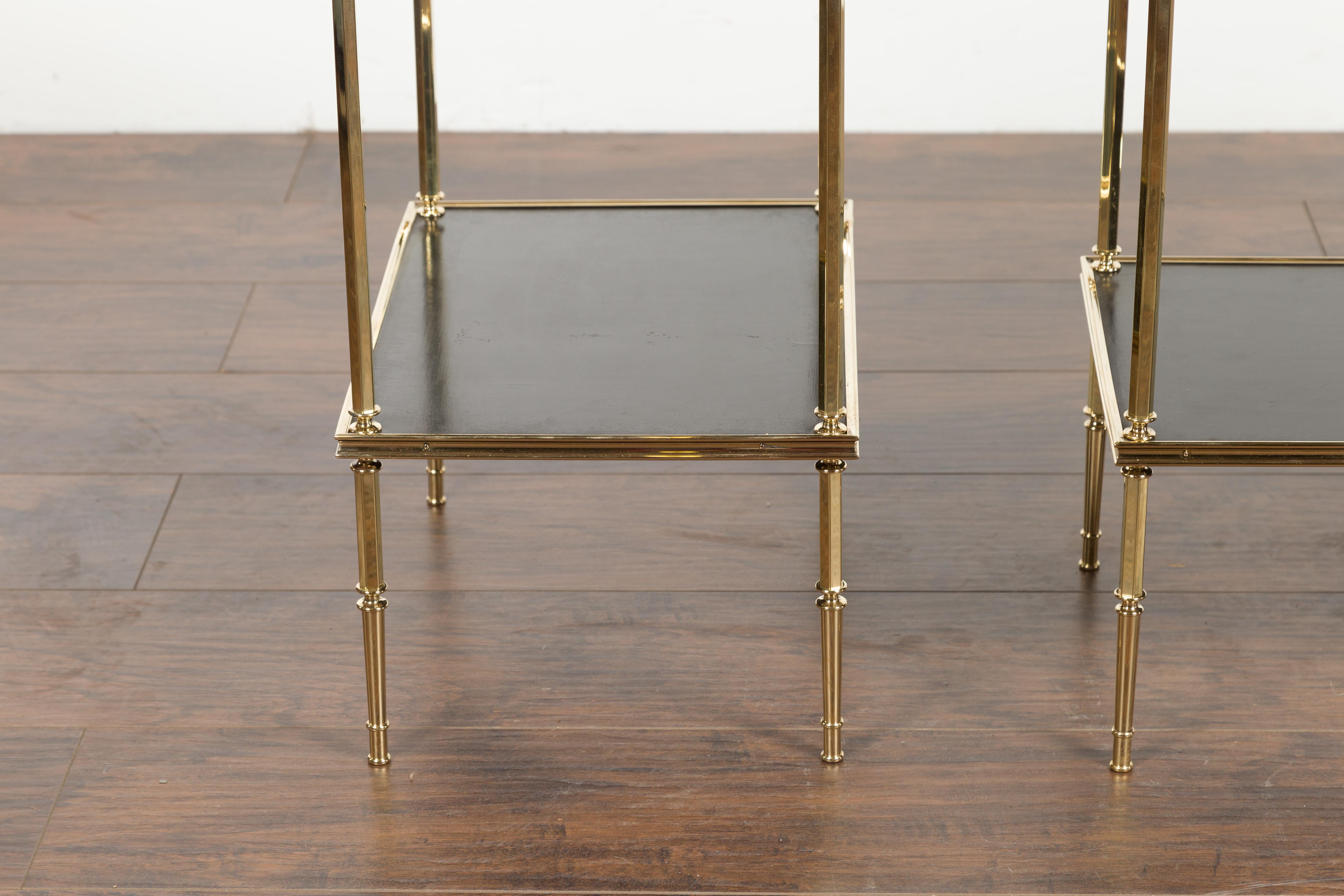Pair of English Midcentury Brass Side Tables with Chinoiserie Tops and Shelves 12