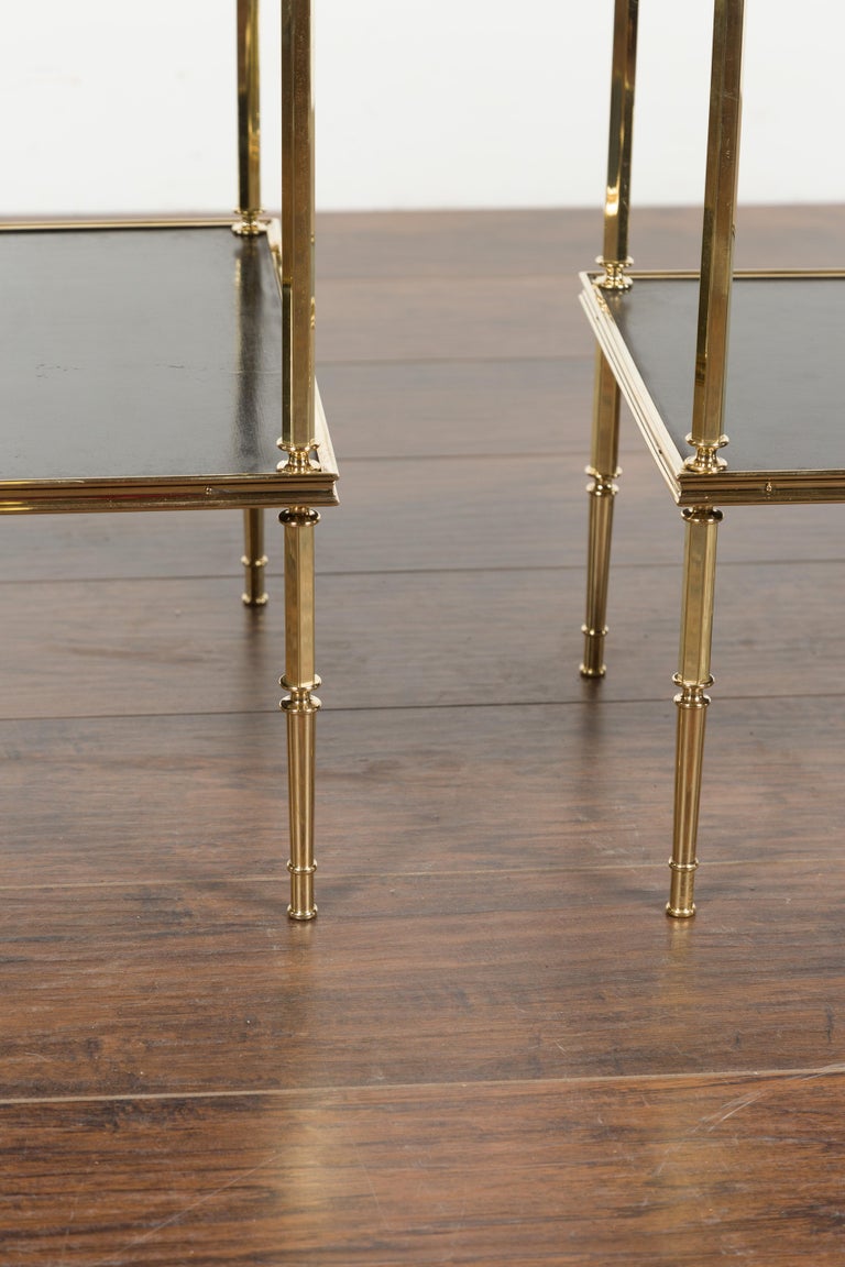 Pair of English Midcentury Brass Side Tables with Chinoiserie Tops and Shelves 13