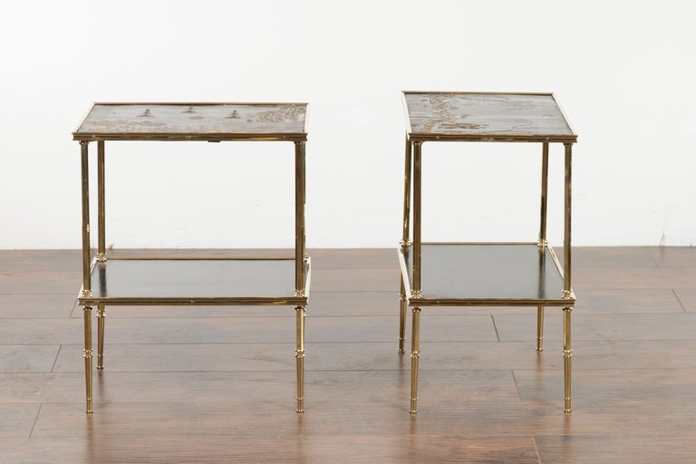 Pair of English Midcentury Brass Side Tables with Chinoiserie Tops and Shelves 14