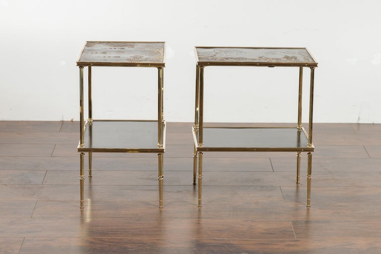 Pair of English Midcentury Brass Side Tables with Chinoiserie Tops and Shelves 15