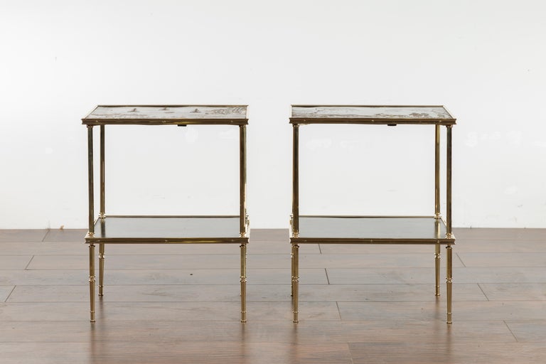 Pair of English Midcentury Brass Side Tables with Chinoiserie Tops and Shelves In Good Condition In Atlanta, GA