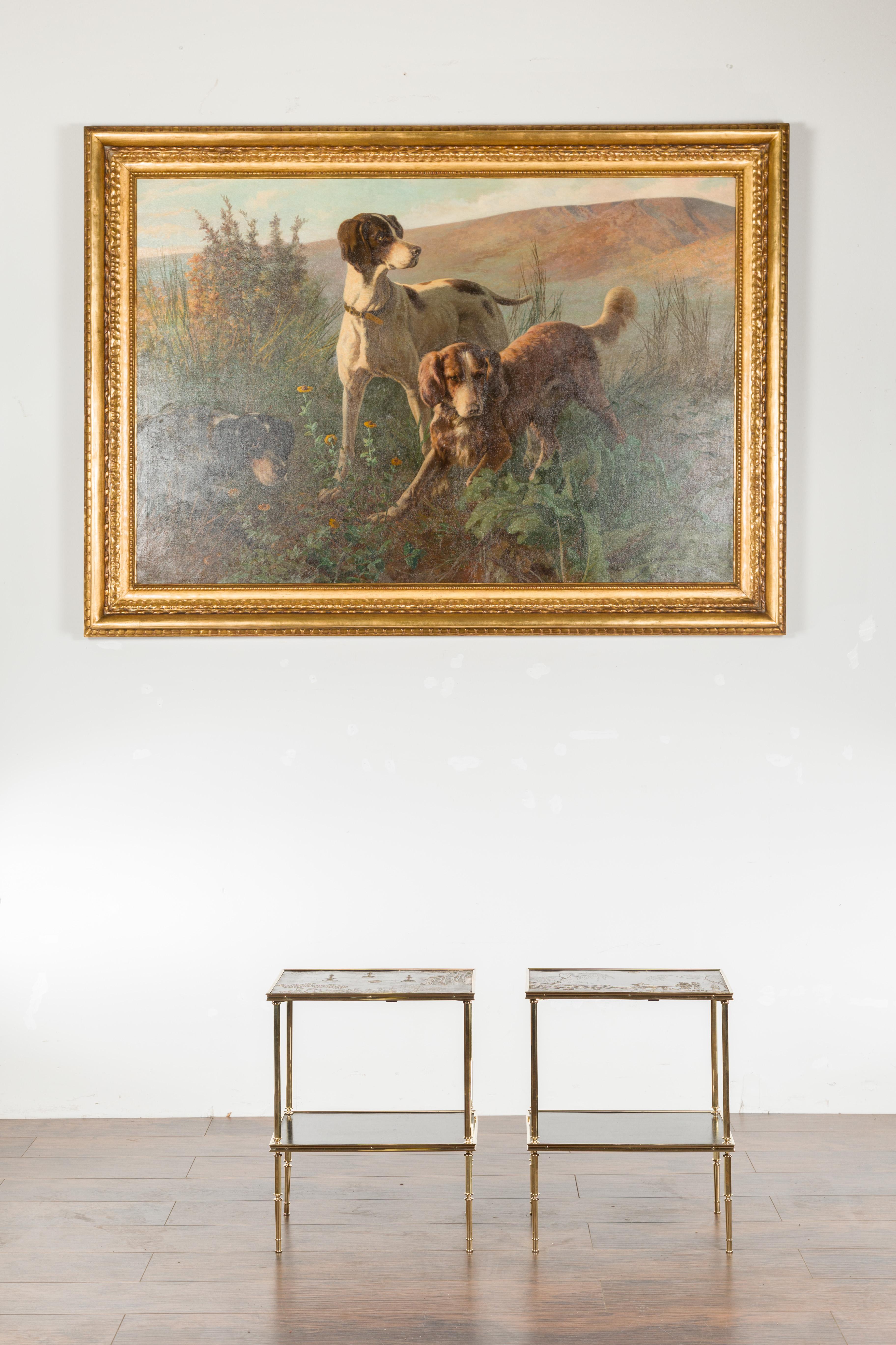 20th Century Pair of English Midcentury Brass Side Tables with Chinoiserie Tops and Shelves