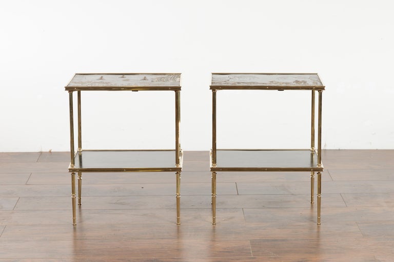 Pair of English Midcentury Brass Side Tables with Chinoiserie Tops and Shelves 1