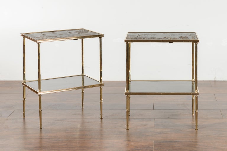 Pair of English Midcentury Brass Side Tables with Chinoiserie Tops and Shelves 2