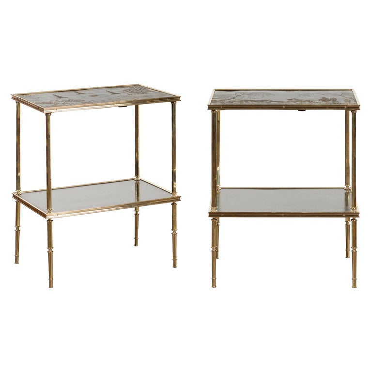 Pair of English Midcentury Brass Side Tables with Chinoiserie Tops and Shelves